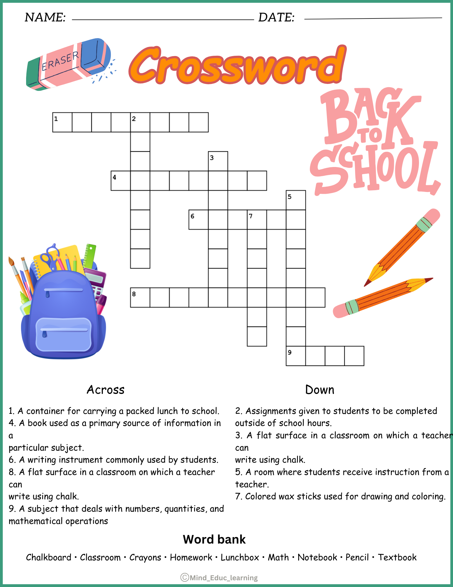 School Vocabulary Crossword Puzzle Worksheet Activity Made By Teachers