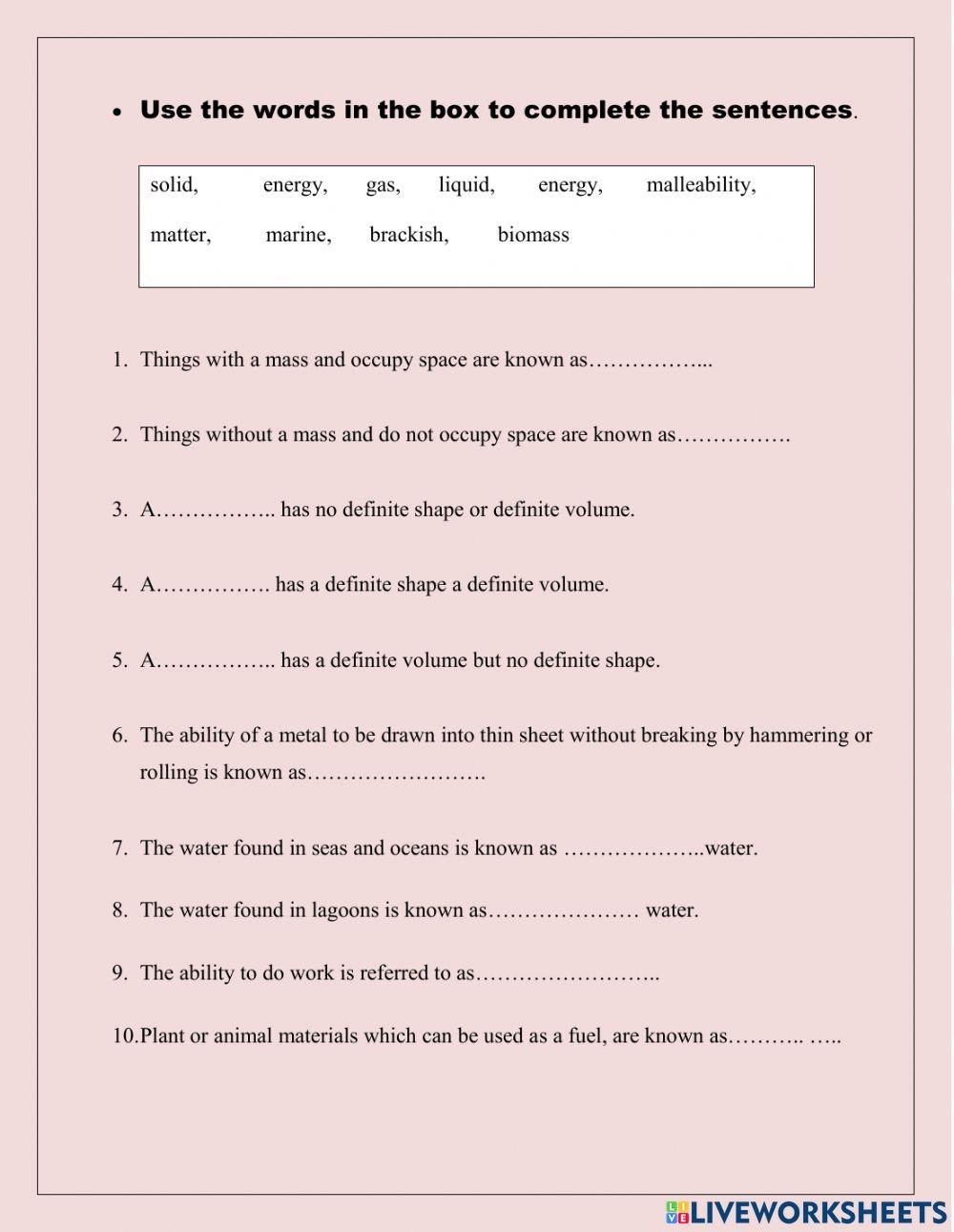 6th grade science worksheets