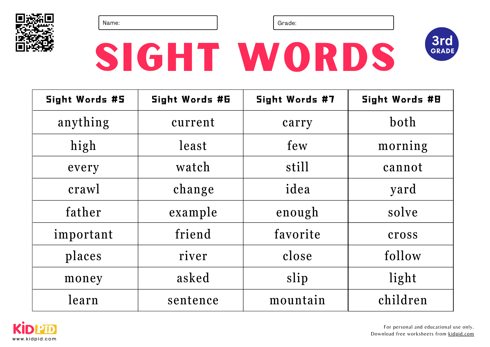 Sight Words Spelling List Worksheet For Grade 3 Kidpid