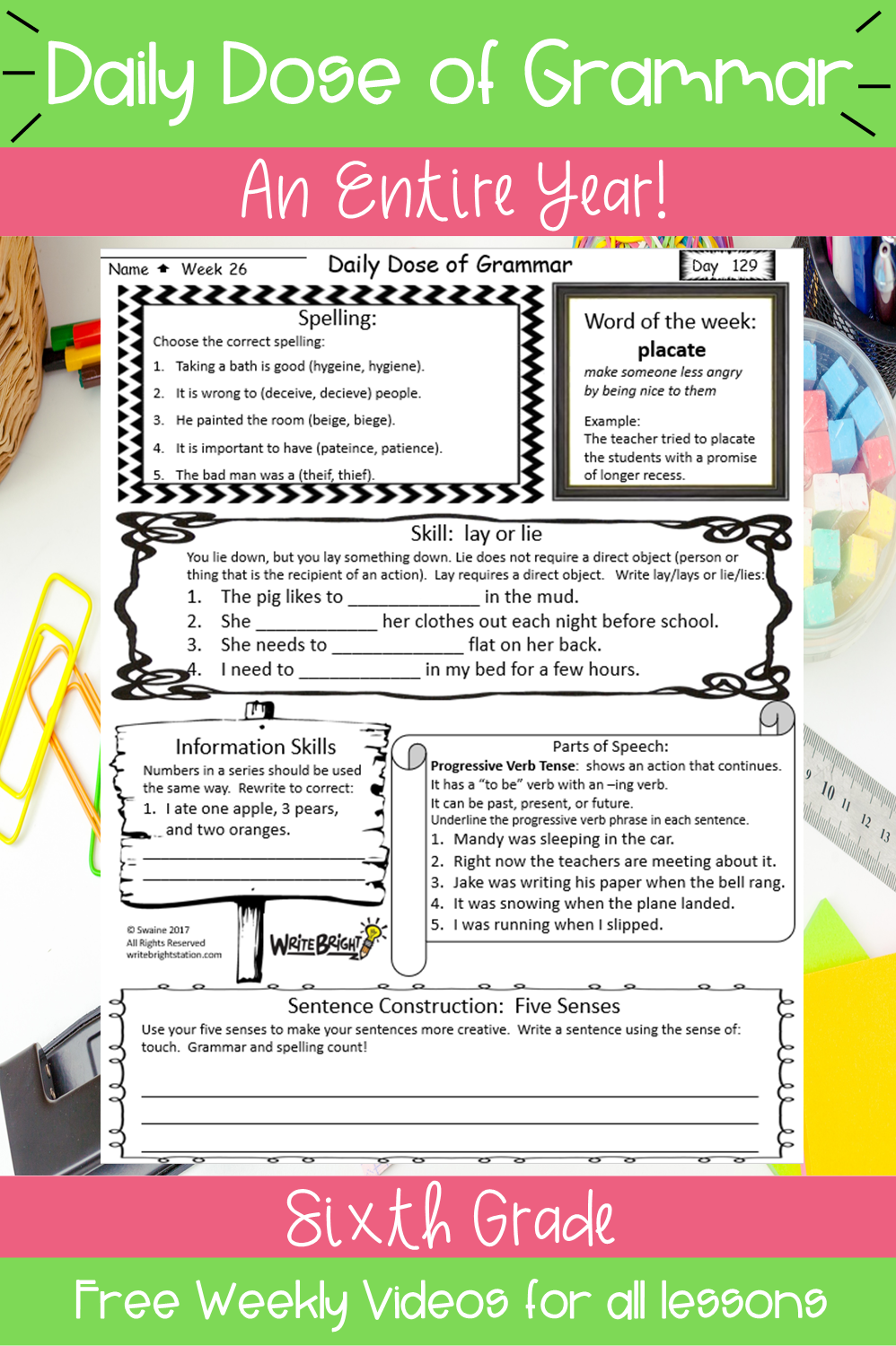 Sixth Grade Grammar Skills Daily Dose Bundle Standards Assessments Write Bright Lady