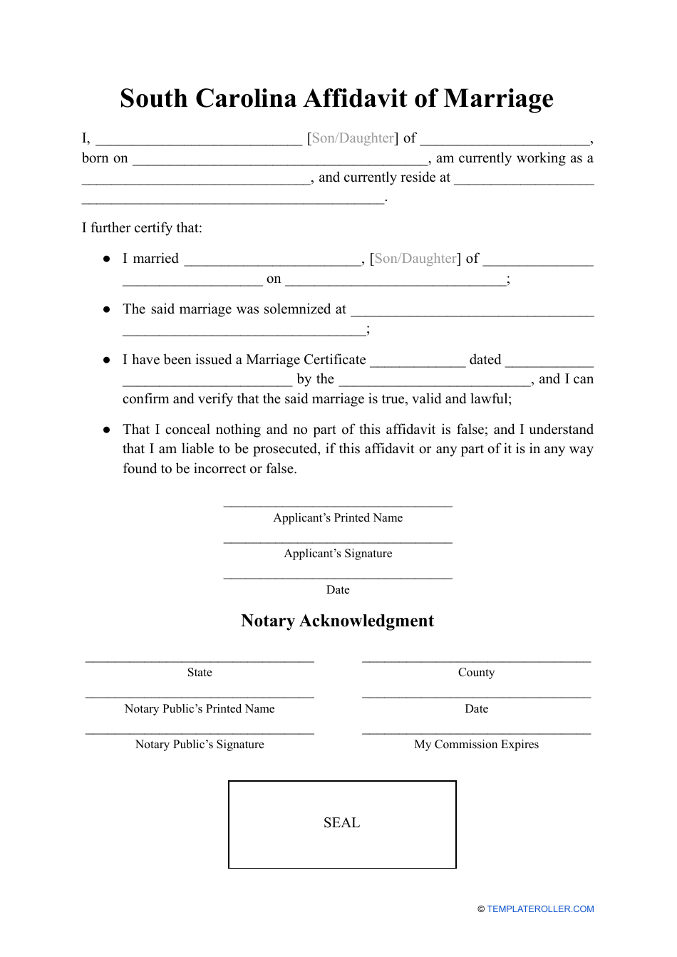 South Carolina Affidavit Of Marriage Fill Out Sign Online And Download PDF Templateroller