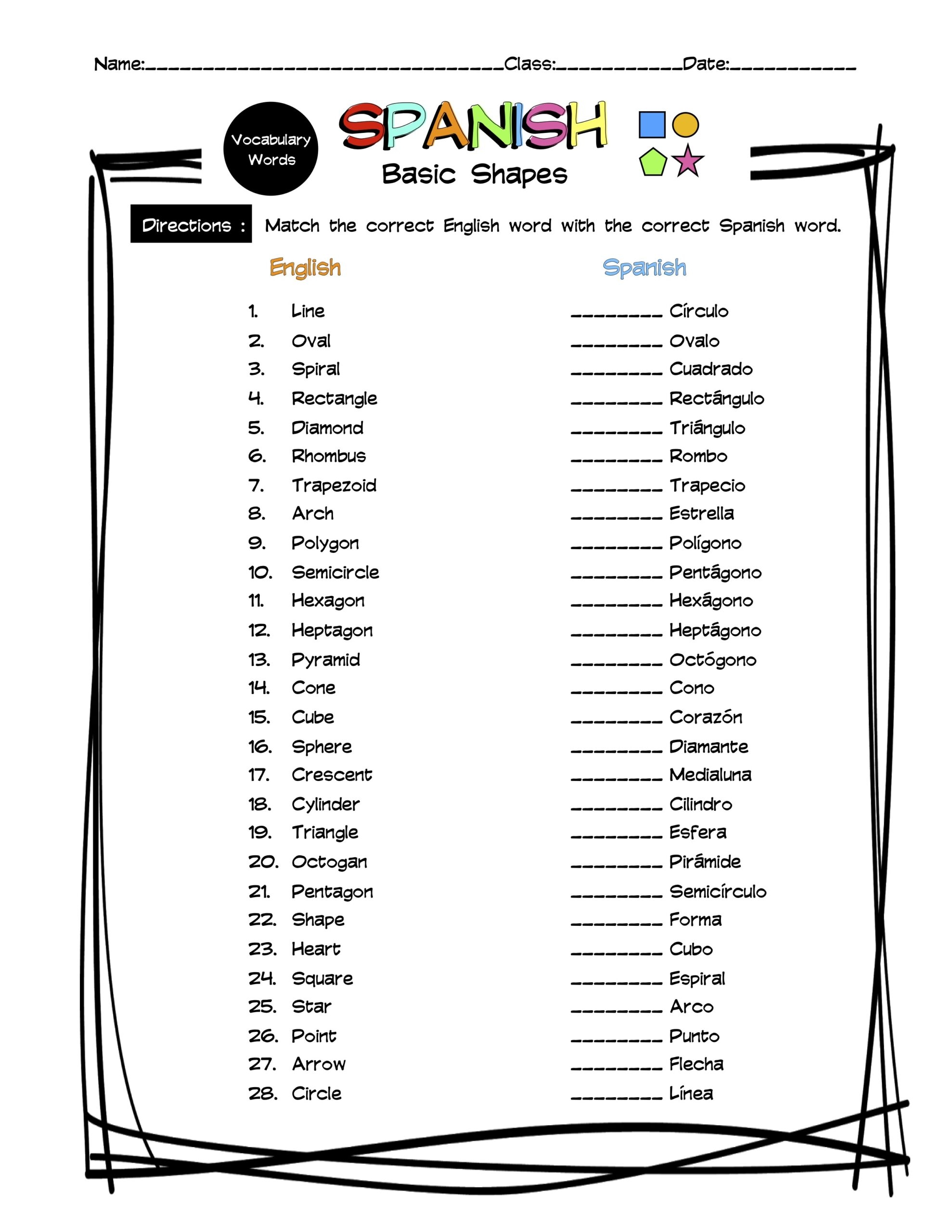 Spanish Basic Shapes Vocabulary Matching Worksheet Answer Key Made By Teachers