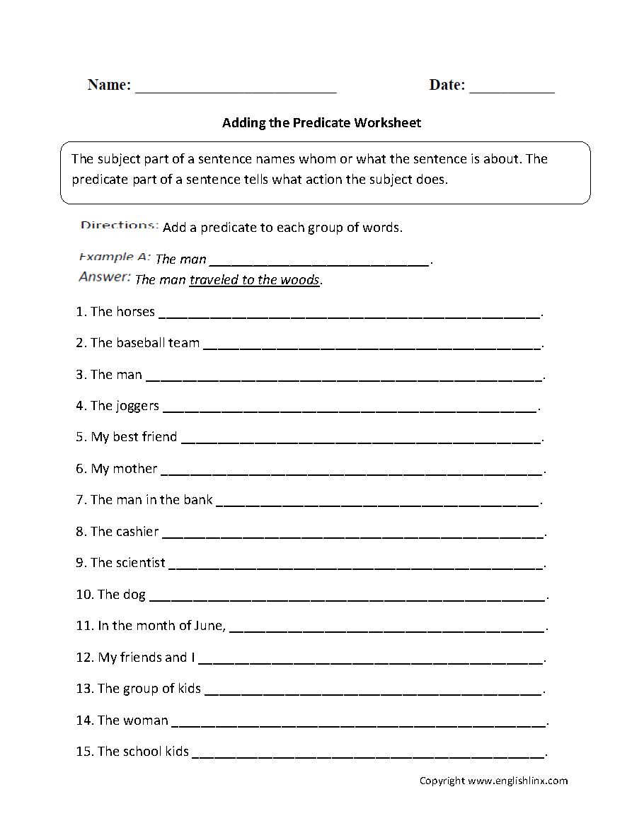 Subject And Predicate Worksheets Adding A Predicate Worksheet Subject And Predicate Worksheets Adding A Predicate Worksheet