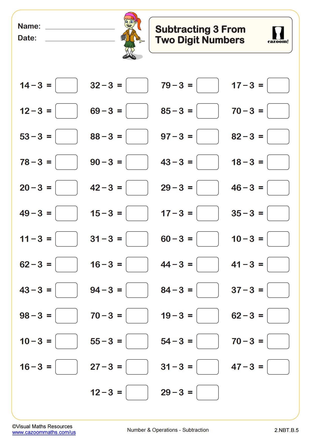 Subtracting 3 From Two Digit Numbers 50 Questions PDF Printable Number And Operations Worksheets