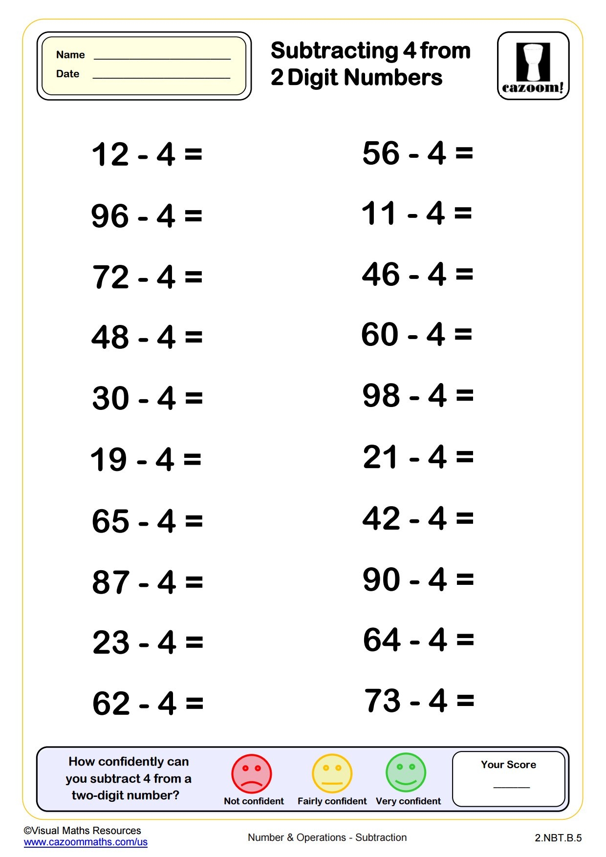 Subtracting 4 From Two Digit Numbers 20 Questions 2nd Grade PDF Number And Operations Worksheets