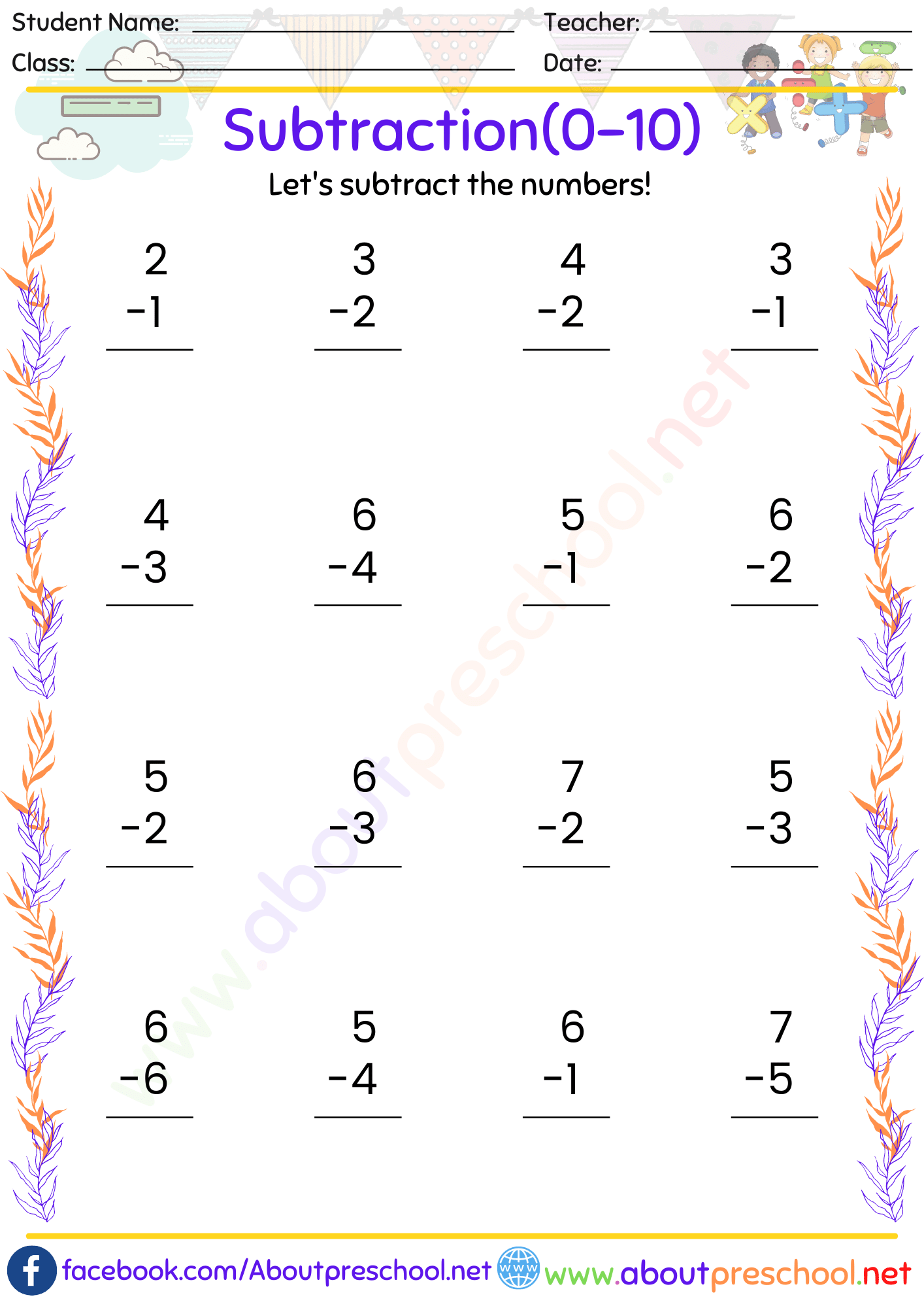 subtraction worksheets for grade 1