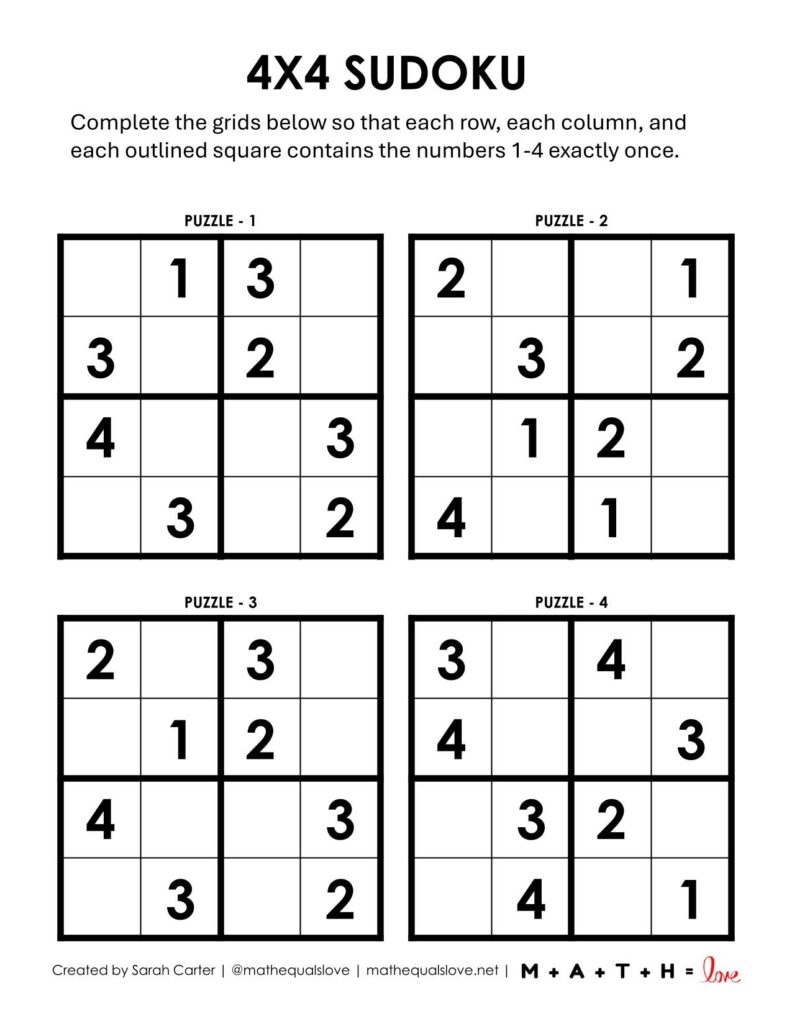 Sudoku 4x4 Puzzles Free Printable PDFs 