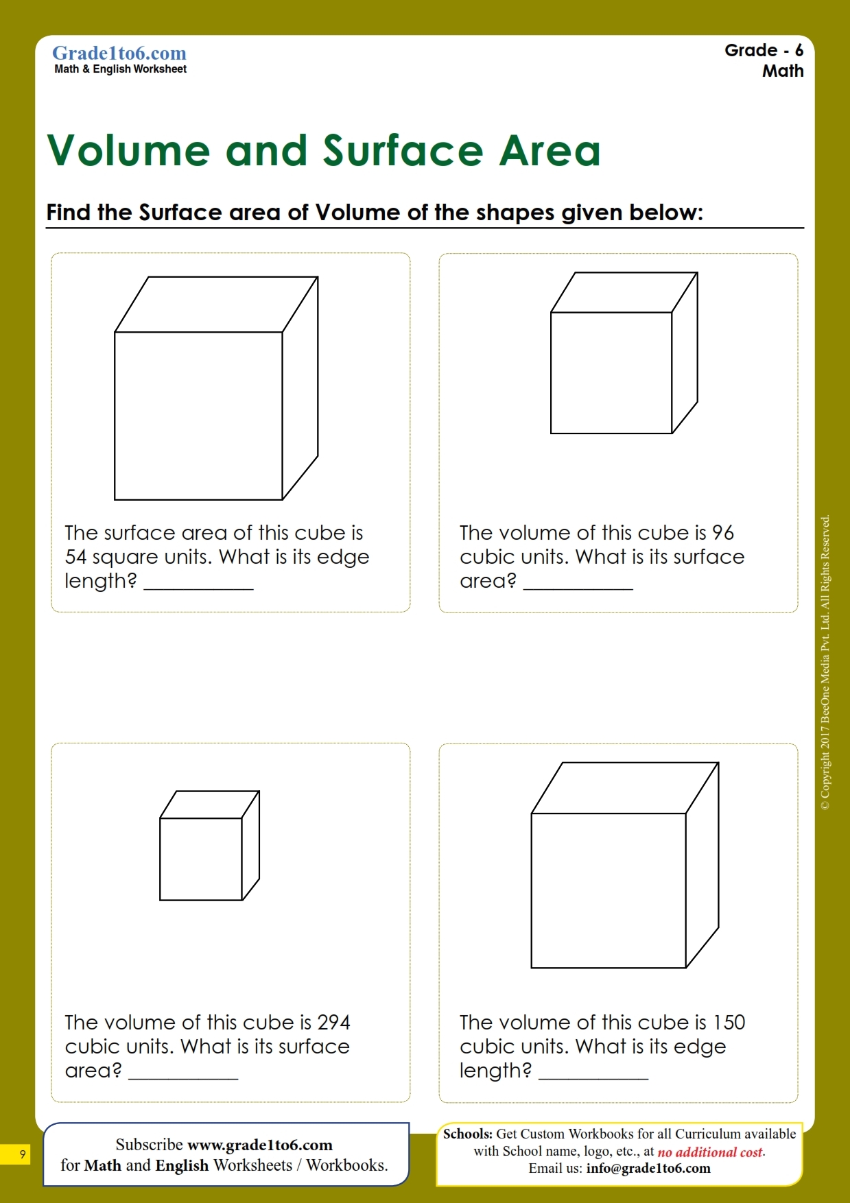 Surface Area Volume Worksheet Grade1to6