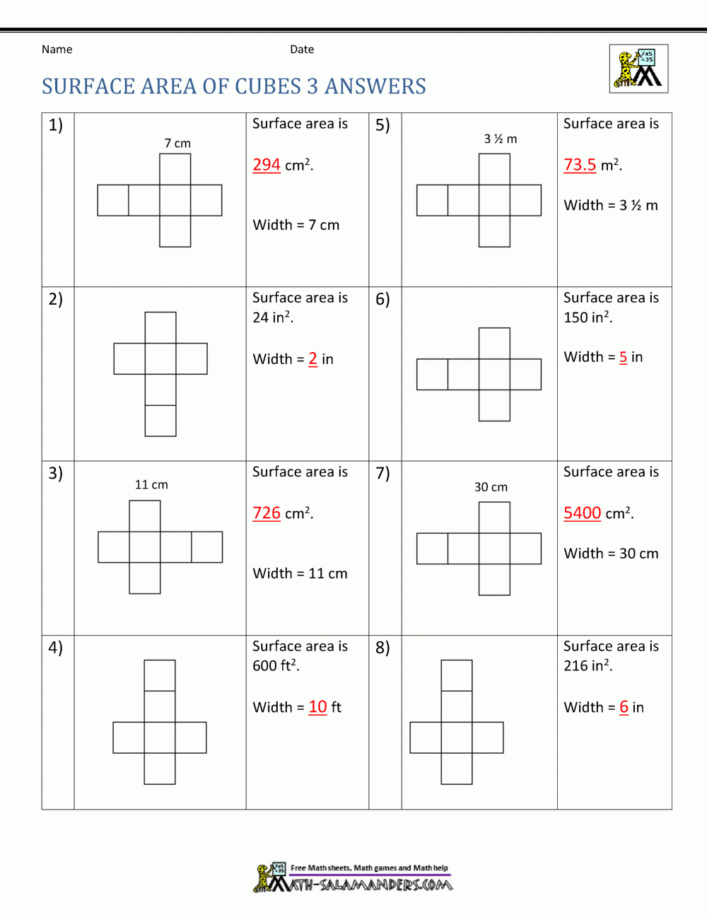 Surface Area Worksheet 6th Grade Worksheets Library