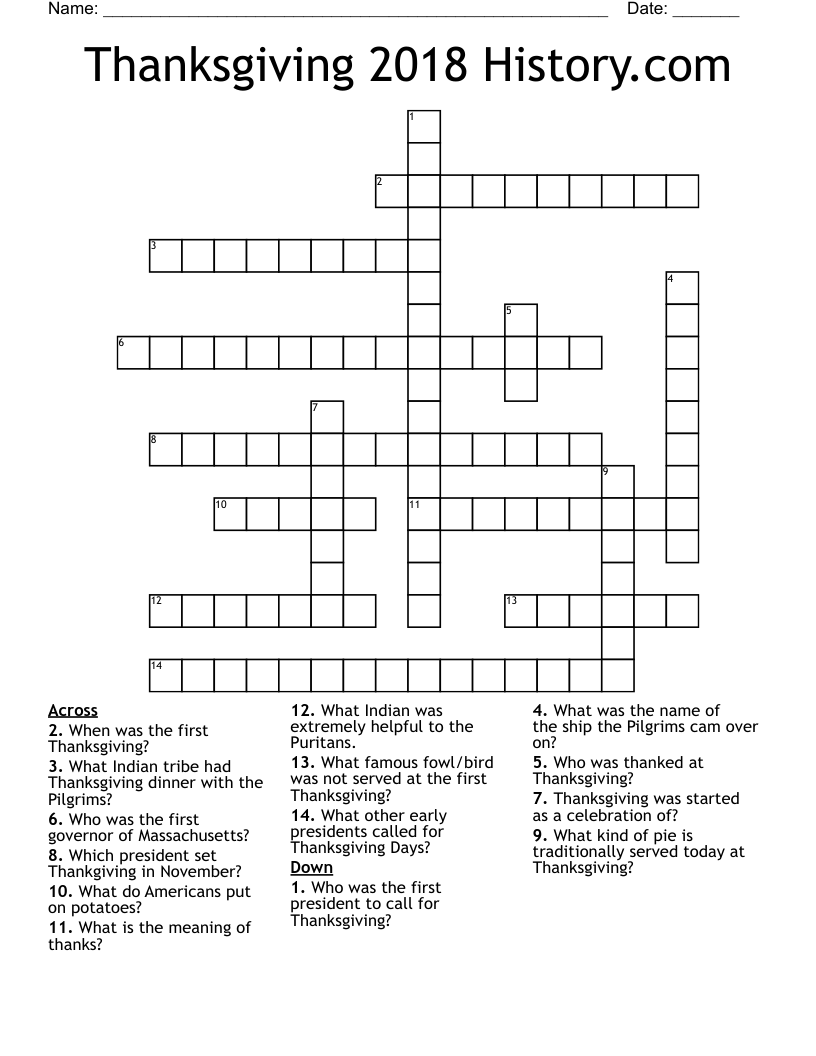 Thanksgiving 2018 History Crossword WordMint