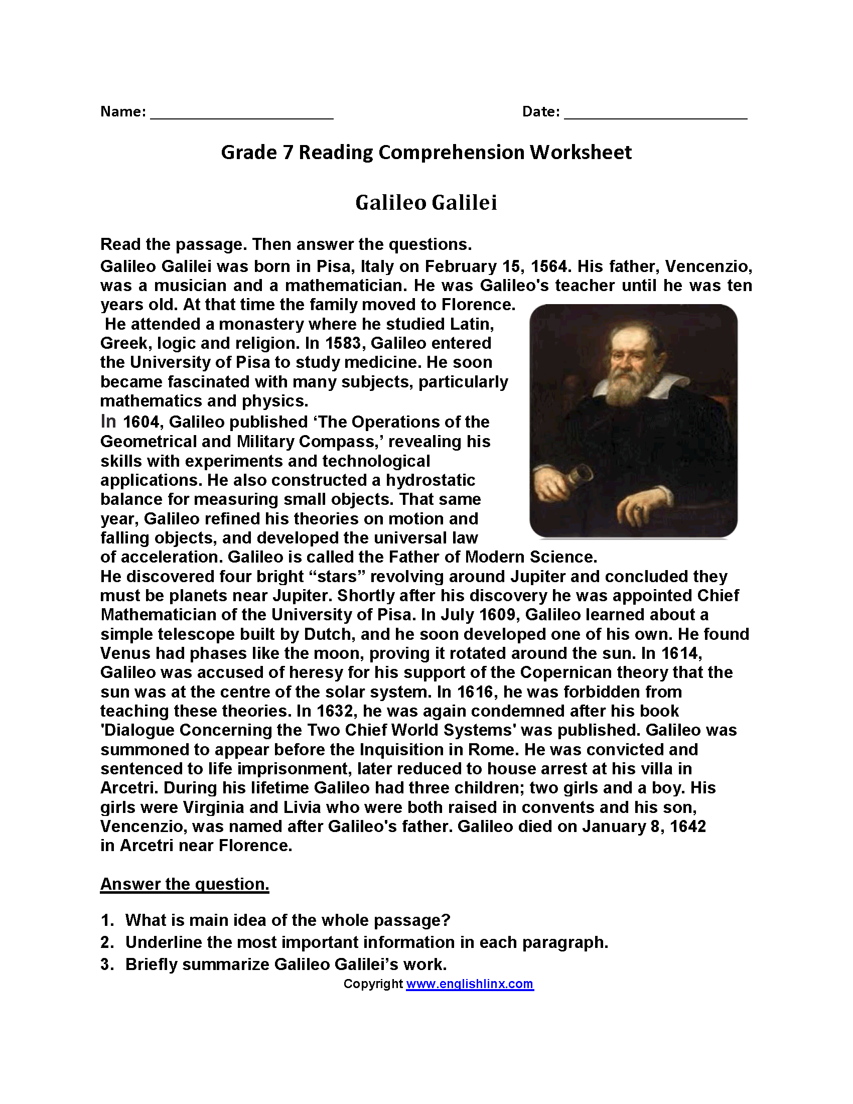 7th grade reading worksheets