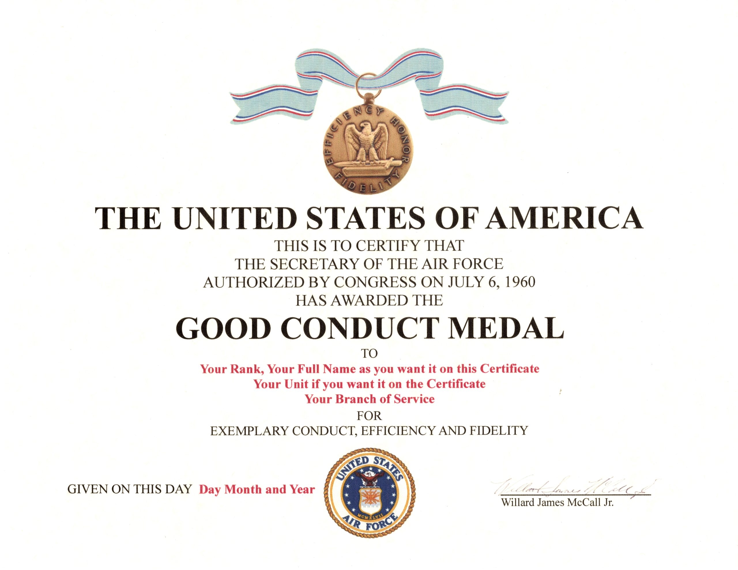 United States Air Force Good Conduct Medal Replacement Certificate 8 5X11 65 Vellum Card Stock HQ Medals Hqmedals Military Certificates Medals And More HQ Medals