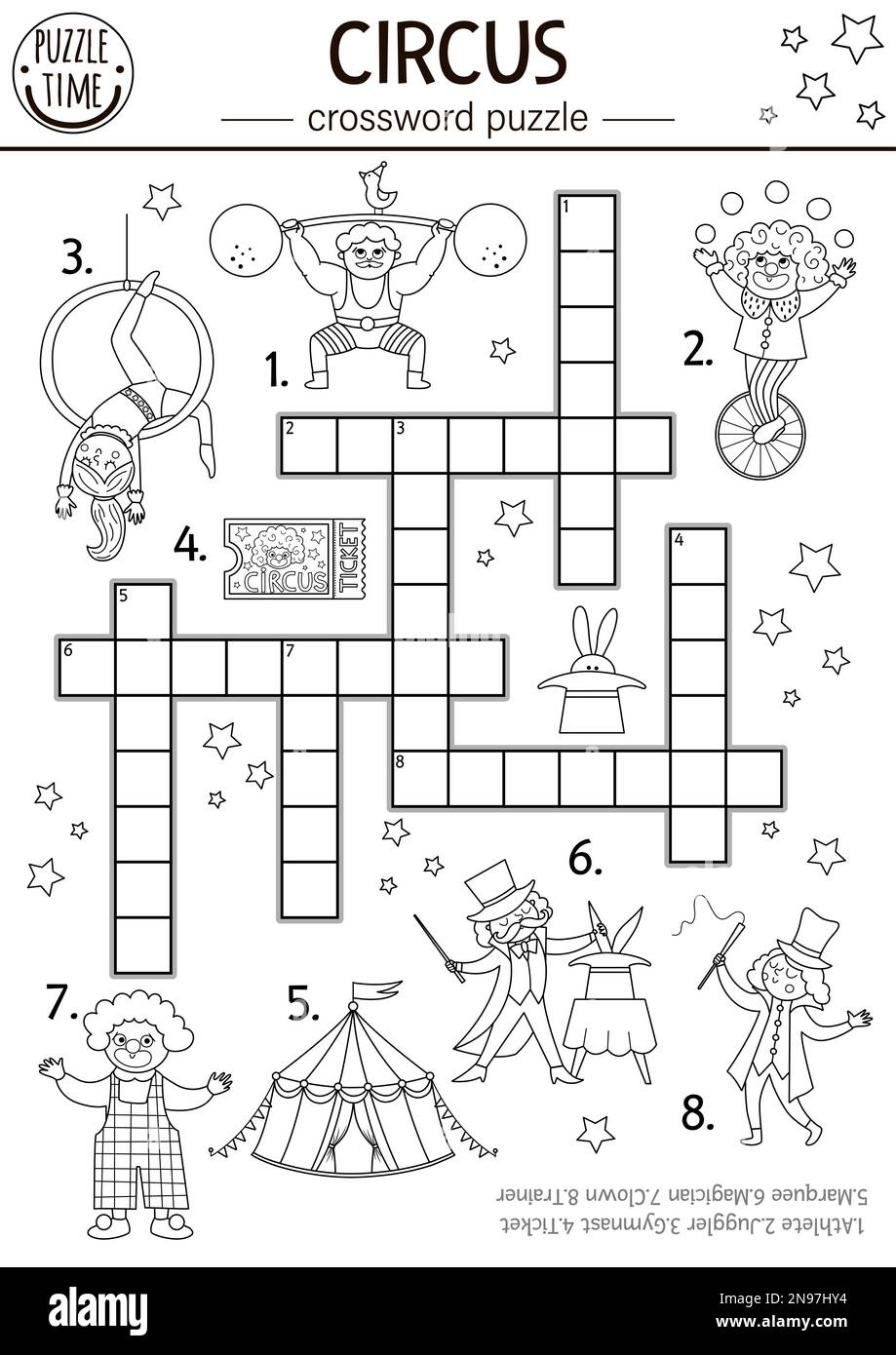 Vector Circus Crossword Puzzle For Kids Simple Black And White Amusement Show Quiz With Funny Performers For Children Educational Line Activity With Stock Vector Image Art Alamy