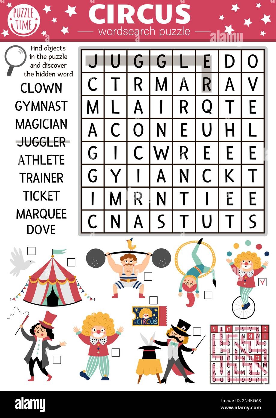 Vector Circus Wordsearch Puzzle For Kids Simple Amusement Crossword With Funny Performers For Children Activity With Clown Marquee Magician Athle Stock Vector Image Art Alamy