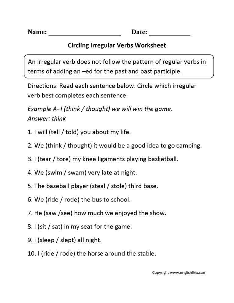 Verbs Worksheets Irregular Verbs Worksheets