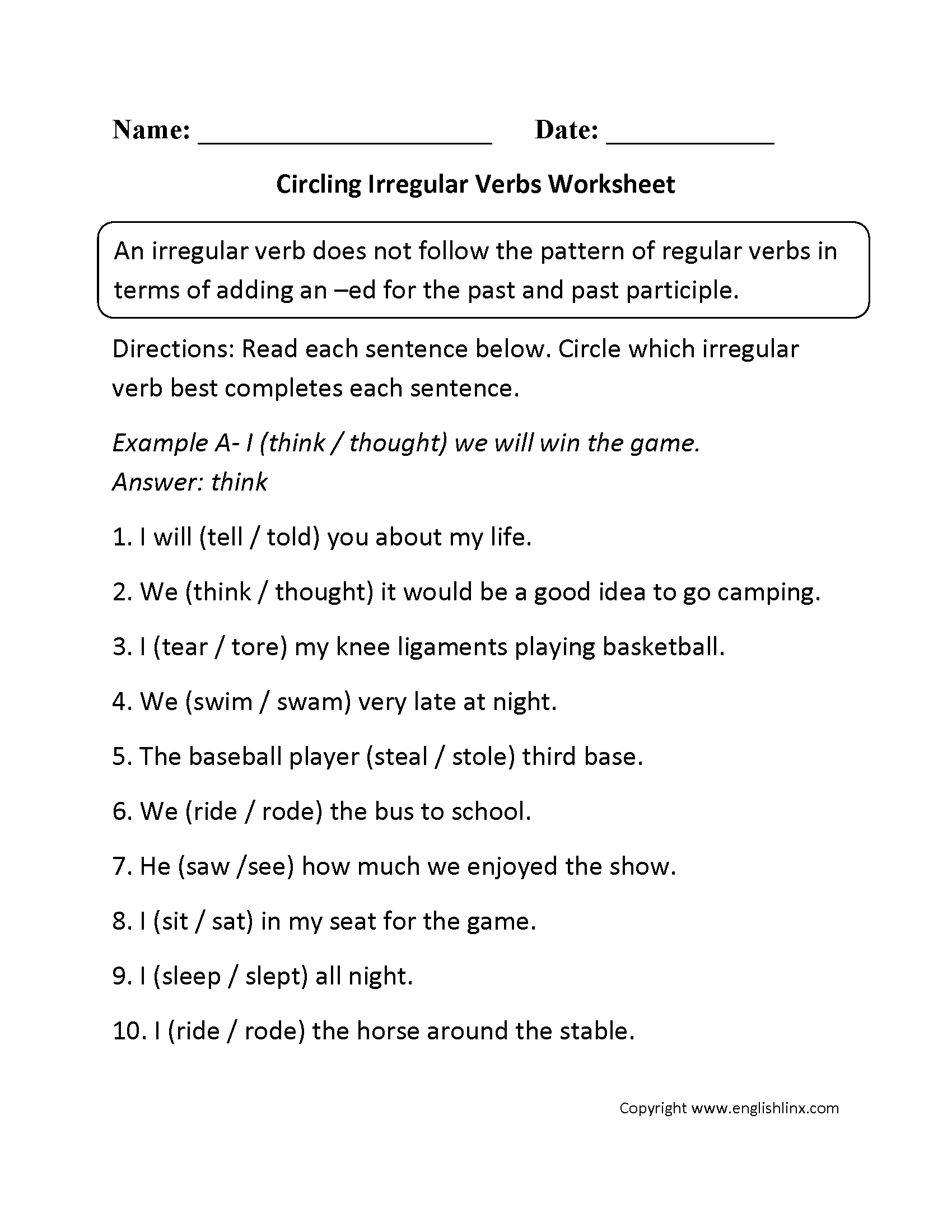 Verbs Worksheets Irregular Verbs Worksheets
