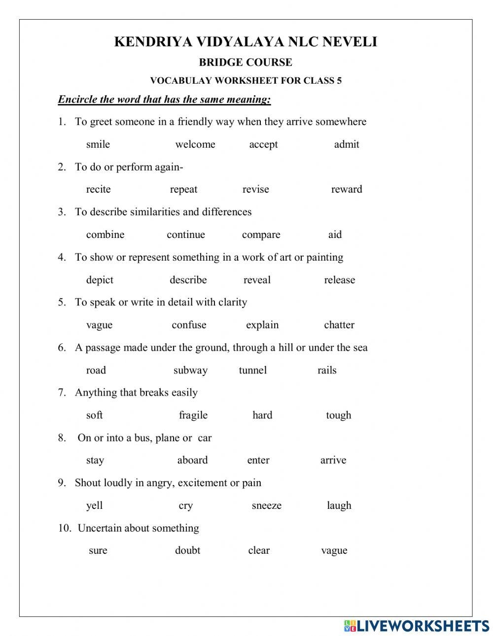 5th grade vocabulary worksheets