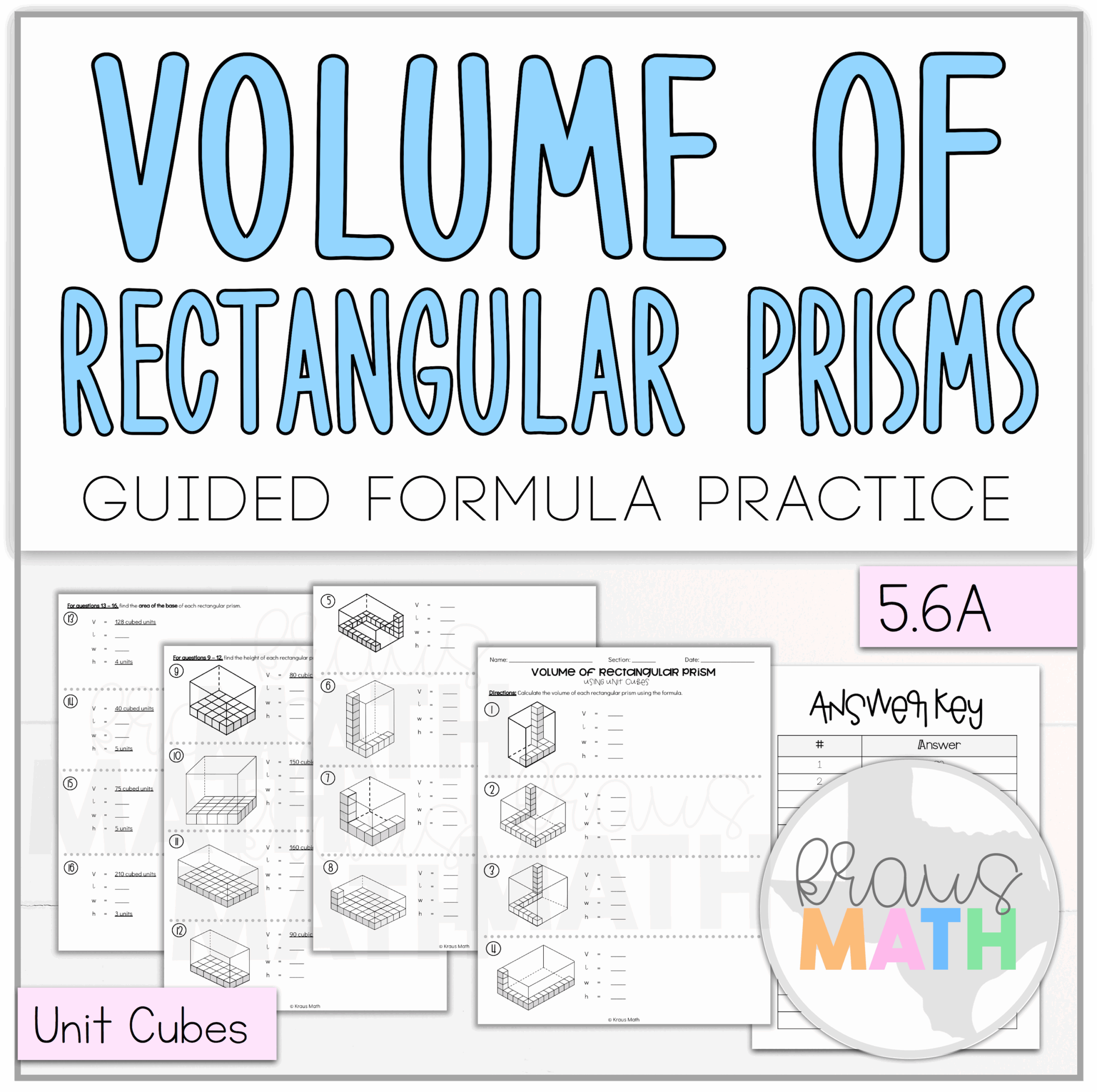 Volume Of Rectangular Prisms Using Unit Cubes Worksheet TEKS 5 6A Kraus Math