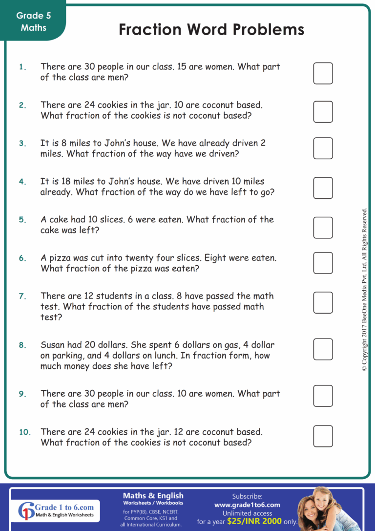 Word Problems In Fractions For Grade 5 Grade1to6