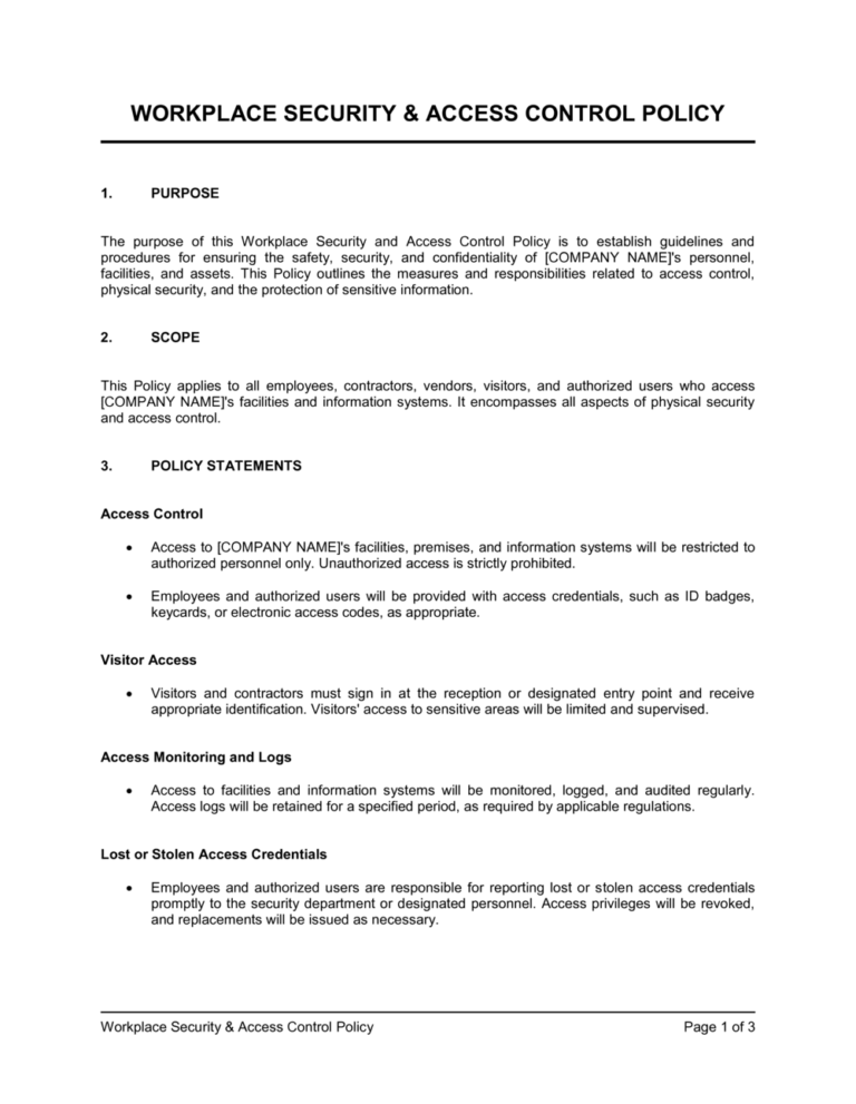 Workplace Security And Access Control Policy Template