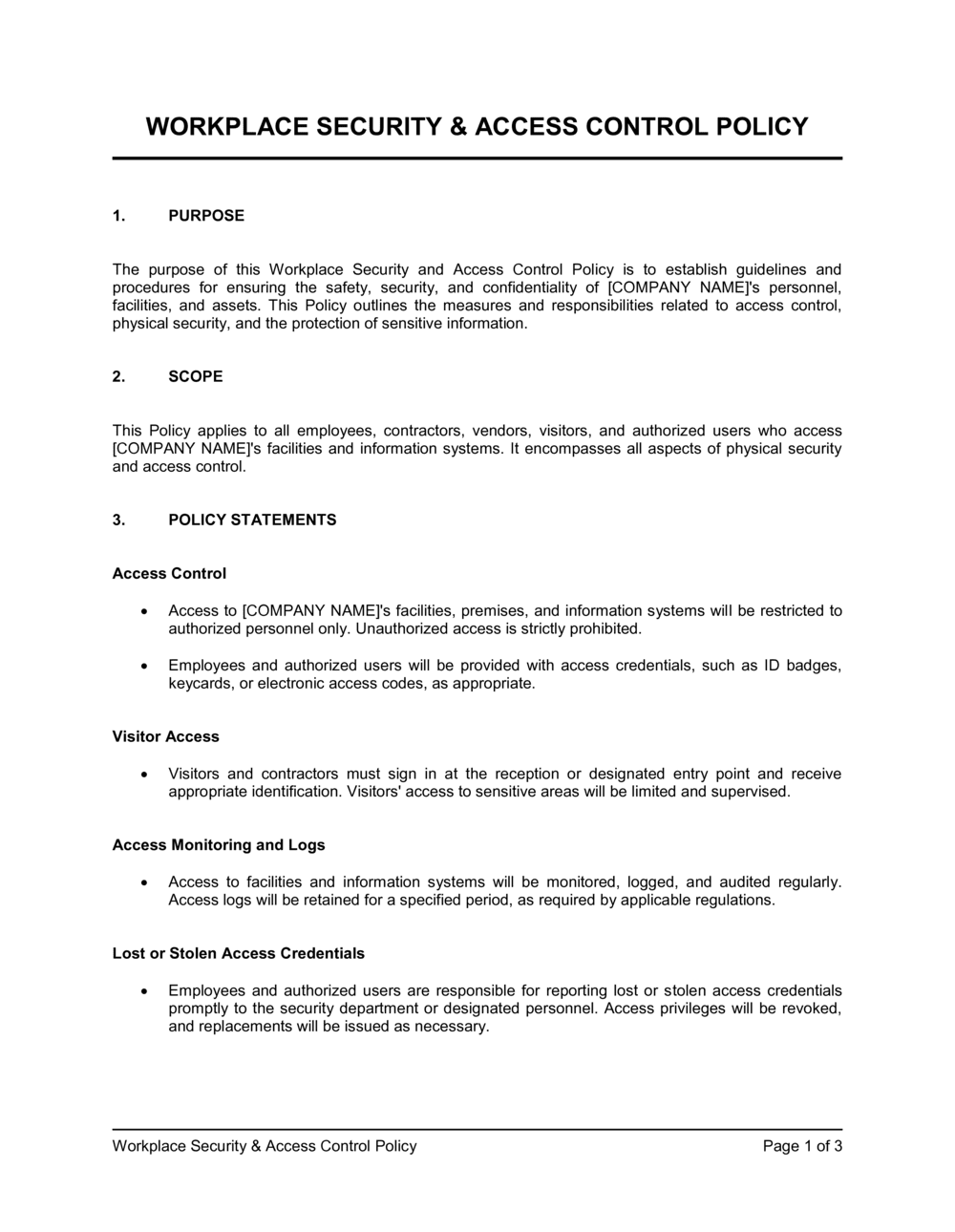 Workplace Security And Access Control Policy Template