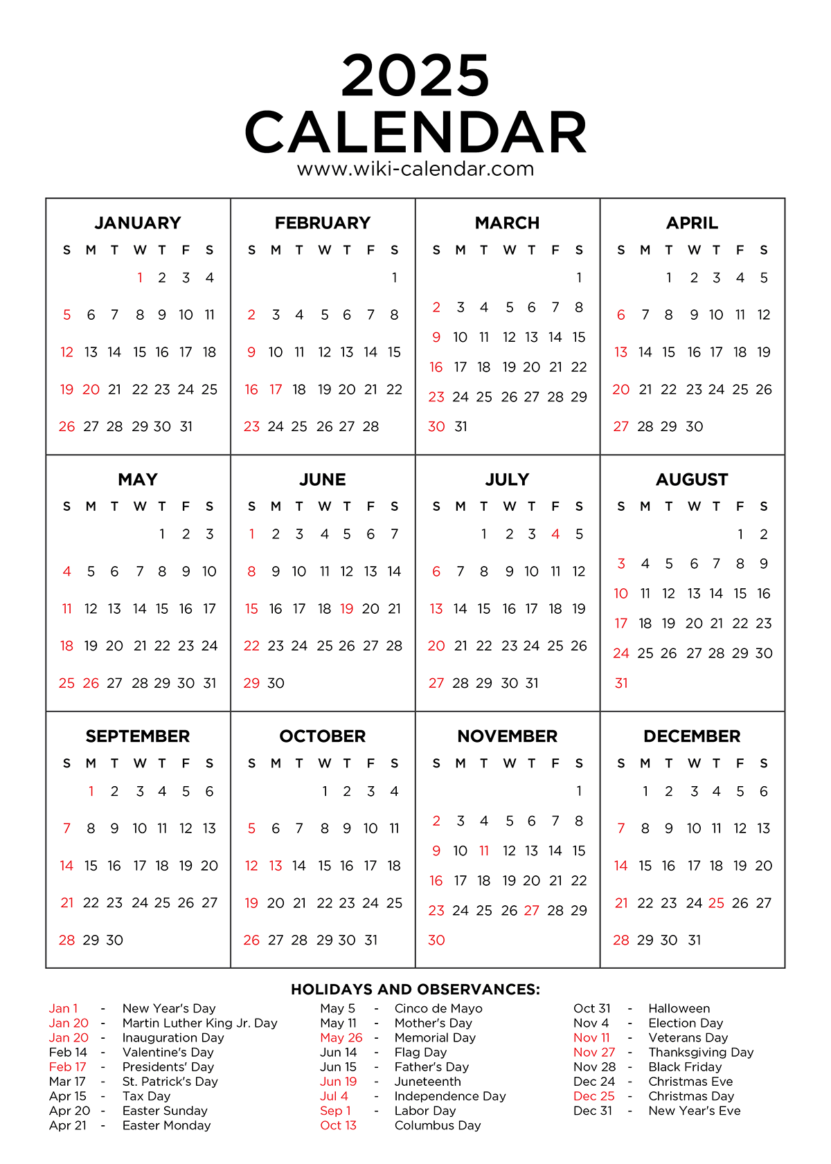 printable yearly calendar 2025