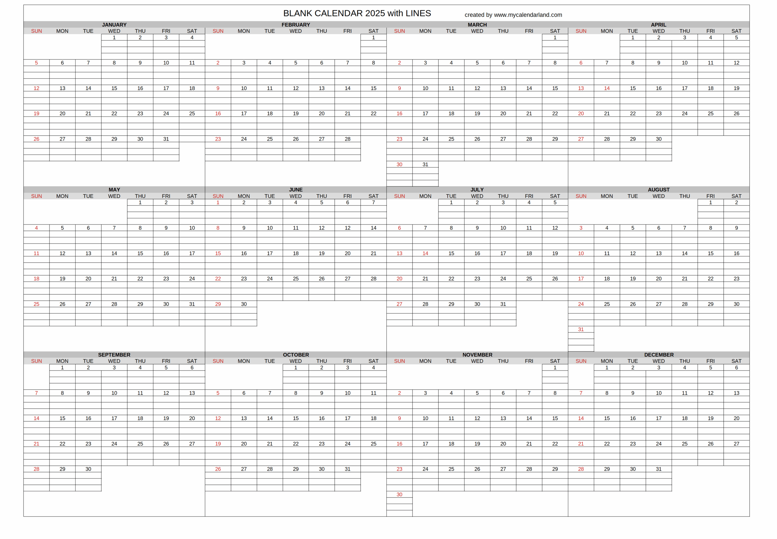 blank calendar 2025 with lines printable free