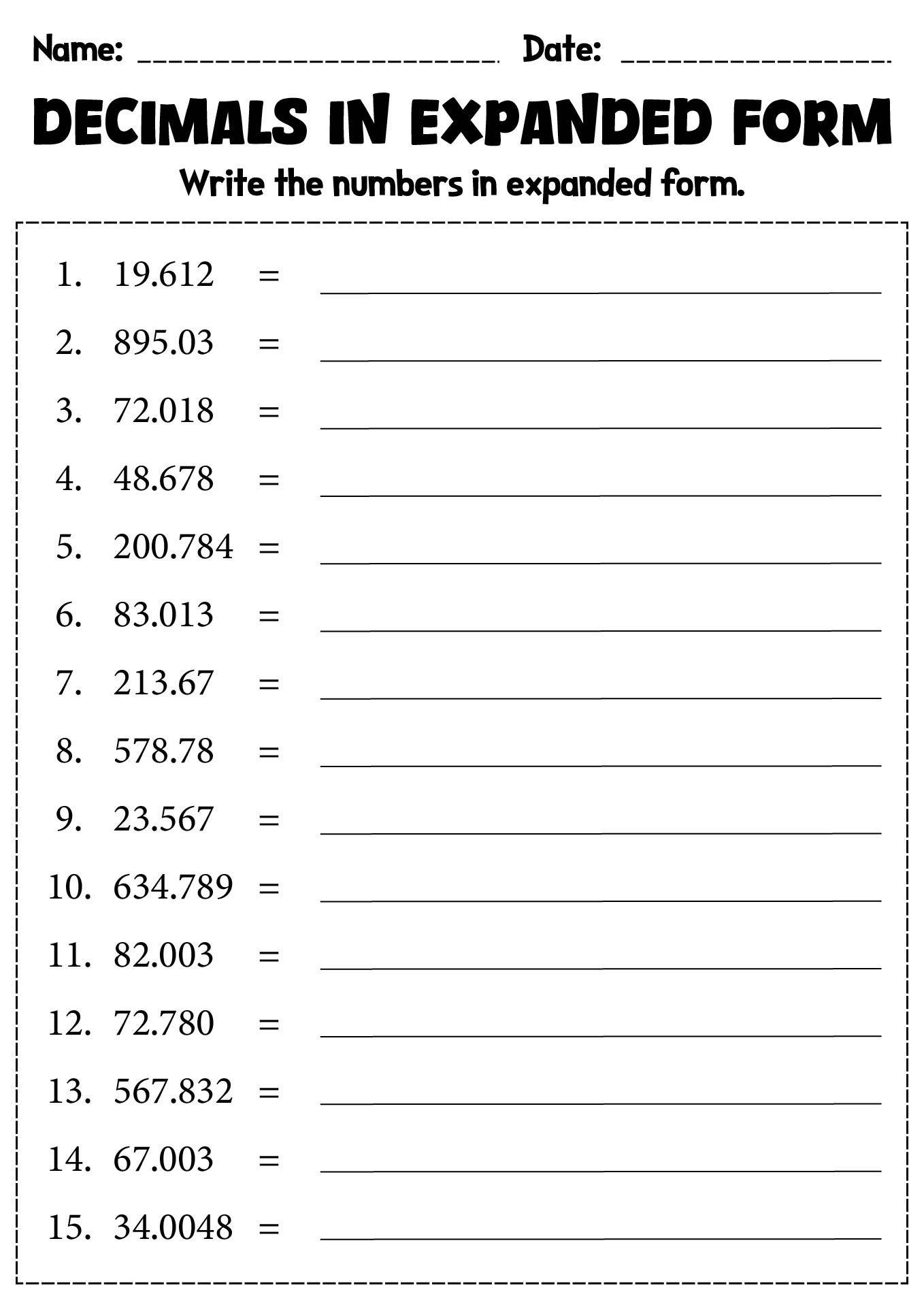 decimal number forms review worksheet