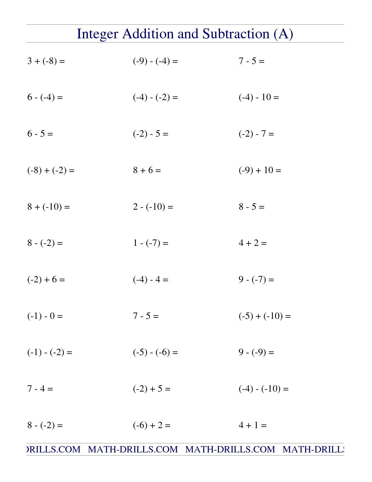 adding and subtracting integers worksheets
