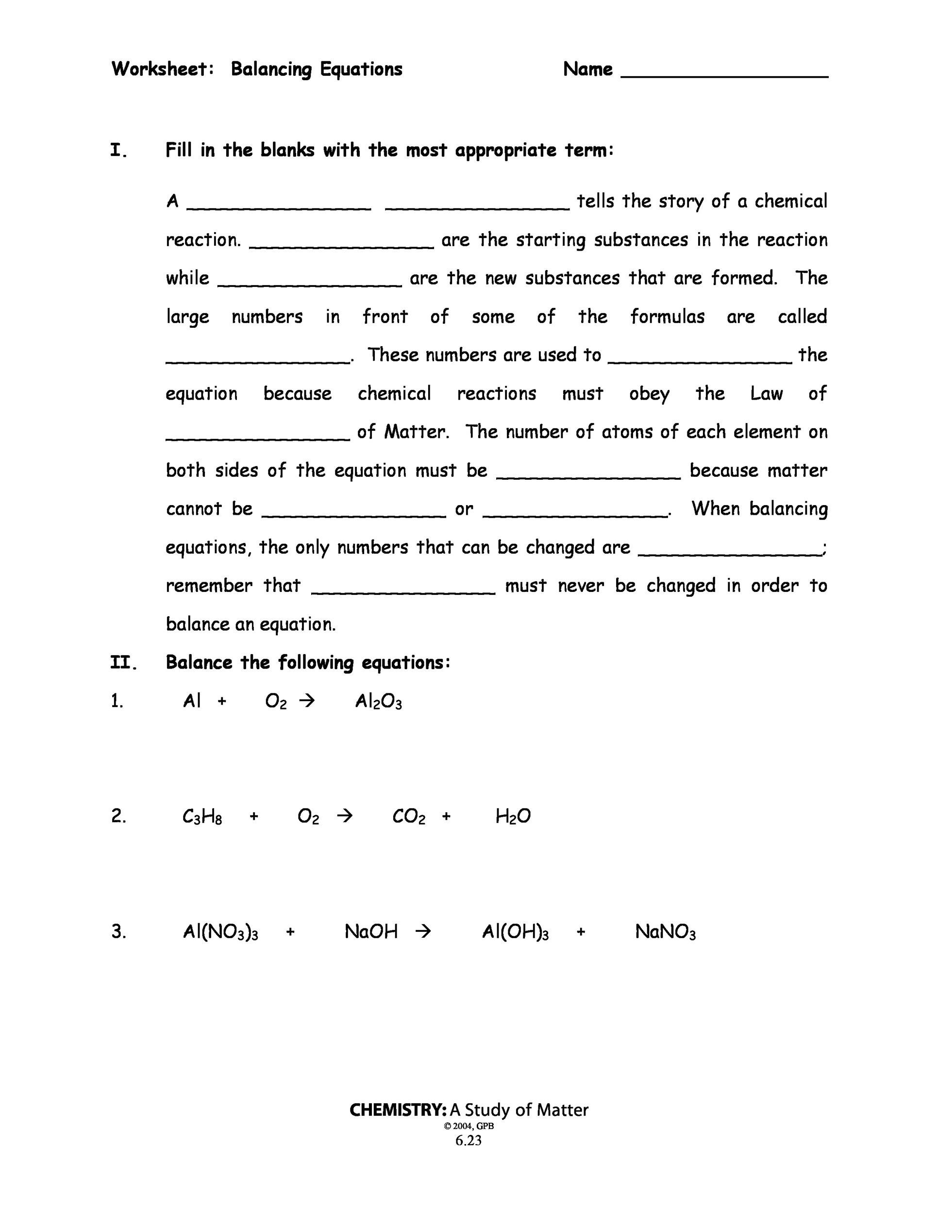 chemistry about balancing equations worksheet