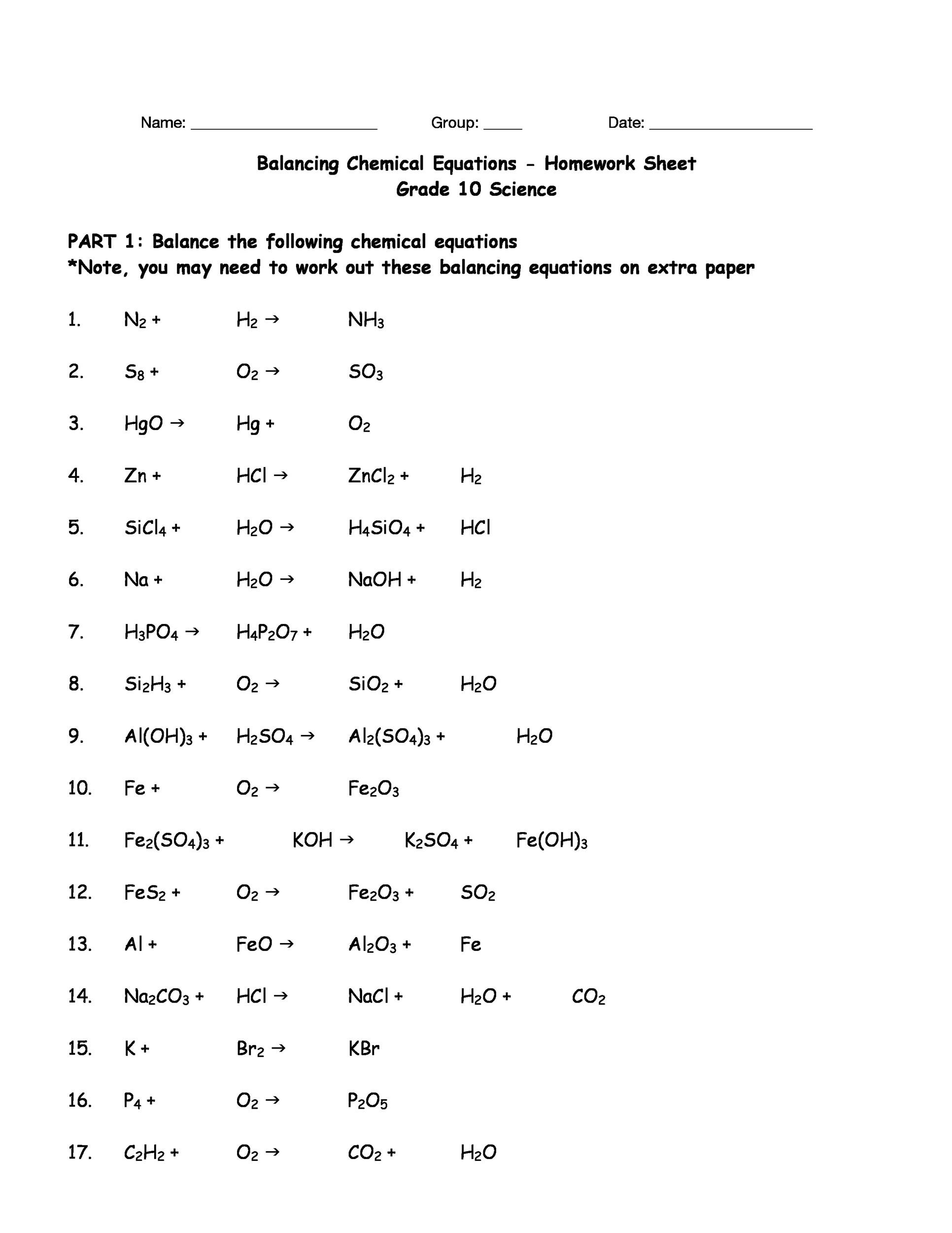 49 Balancing Chemical Equations Worksheets with Answers Worksheets Library