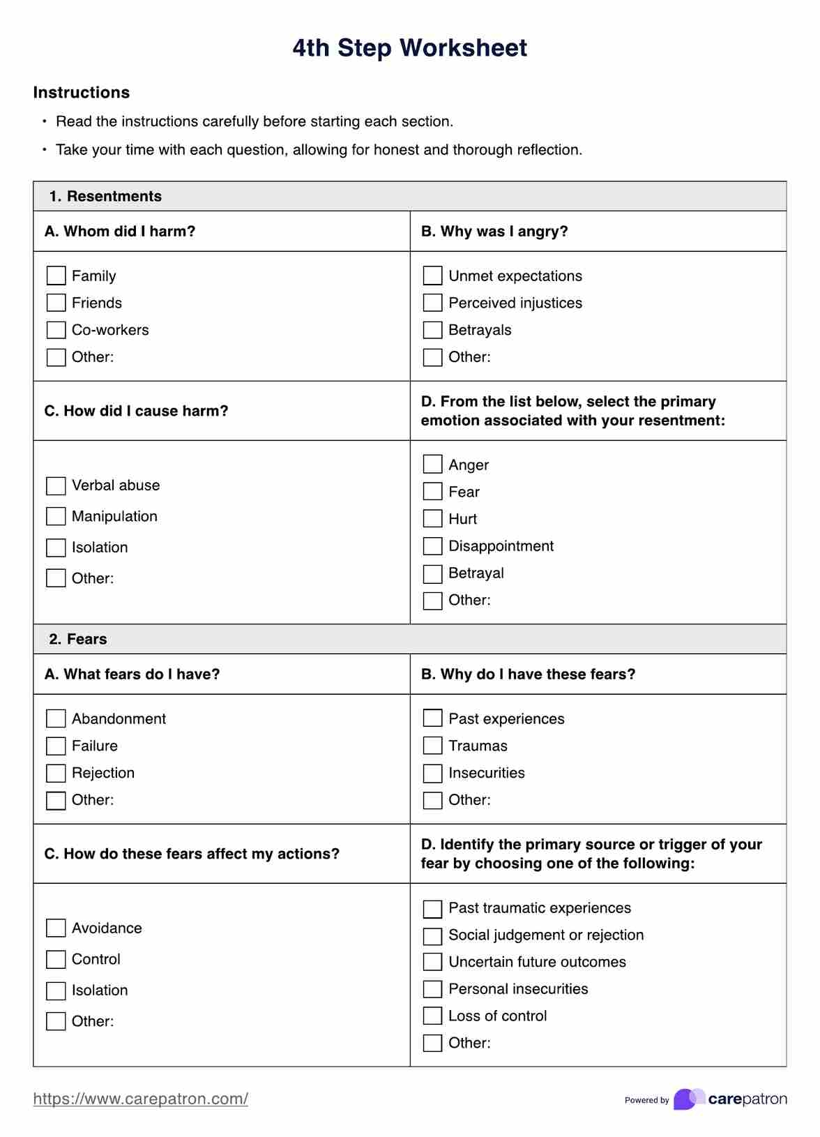 4th Step Worksheet 4th Step Worksheet