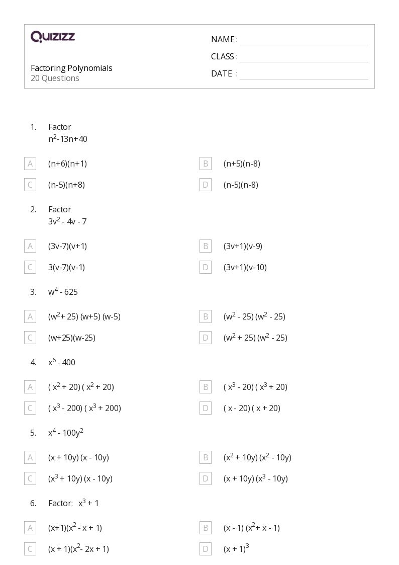 50 Factoring Worksheets For 10th Class On Quizizz Free Printable Worksheets Library
