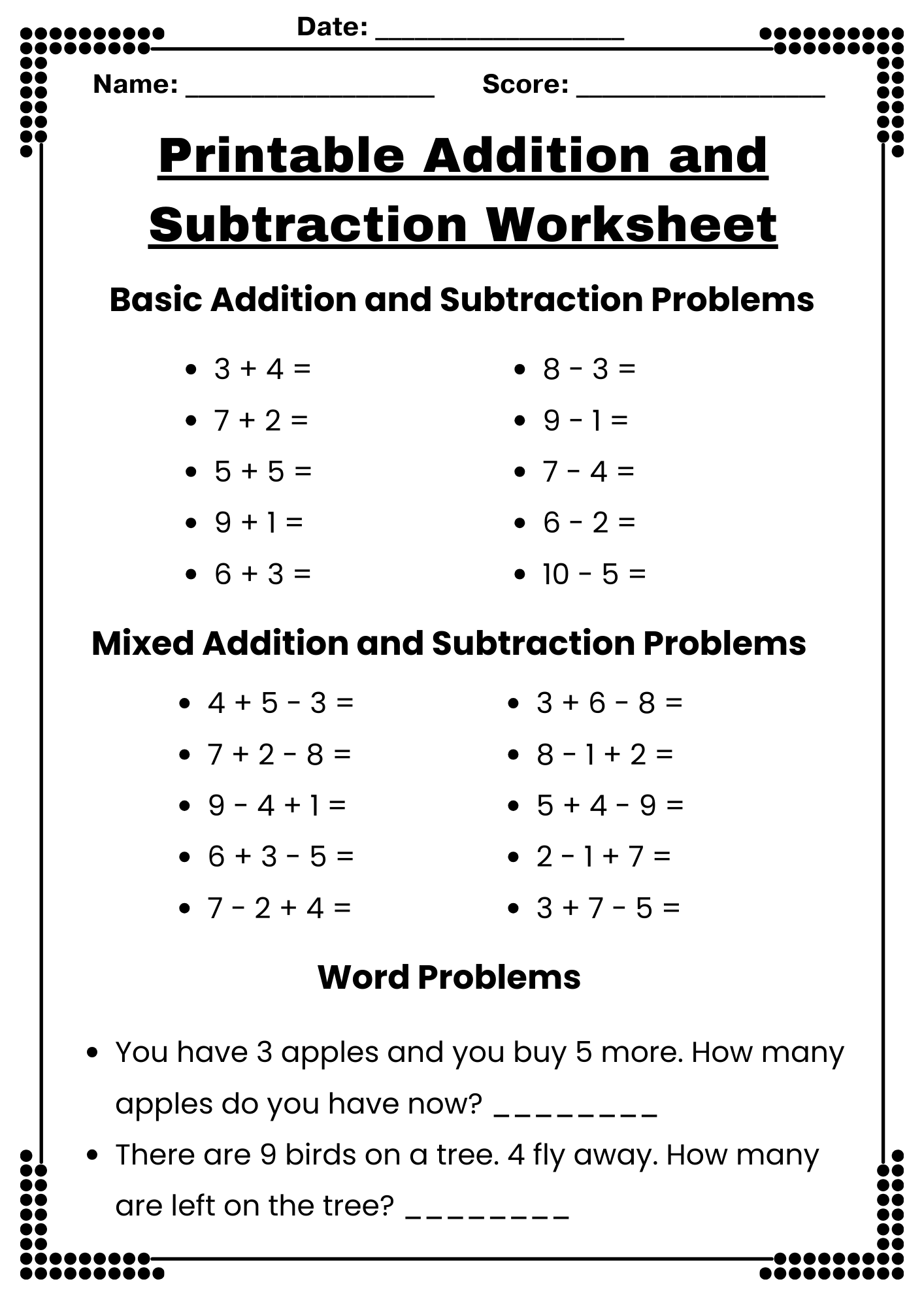 addition and subtraction worksheet