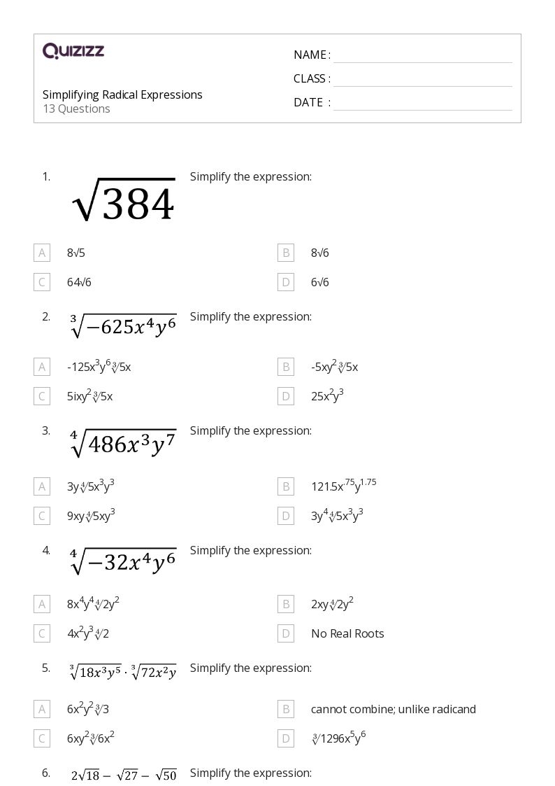 reducing radicals worksheet reducing radicals worksheet