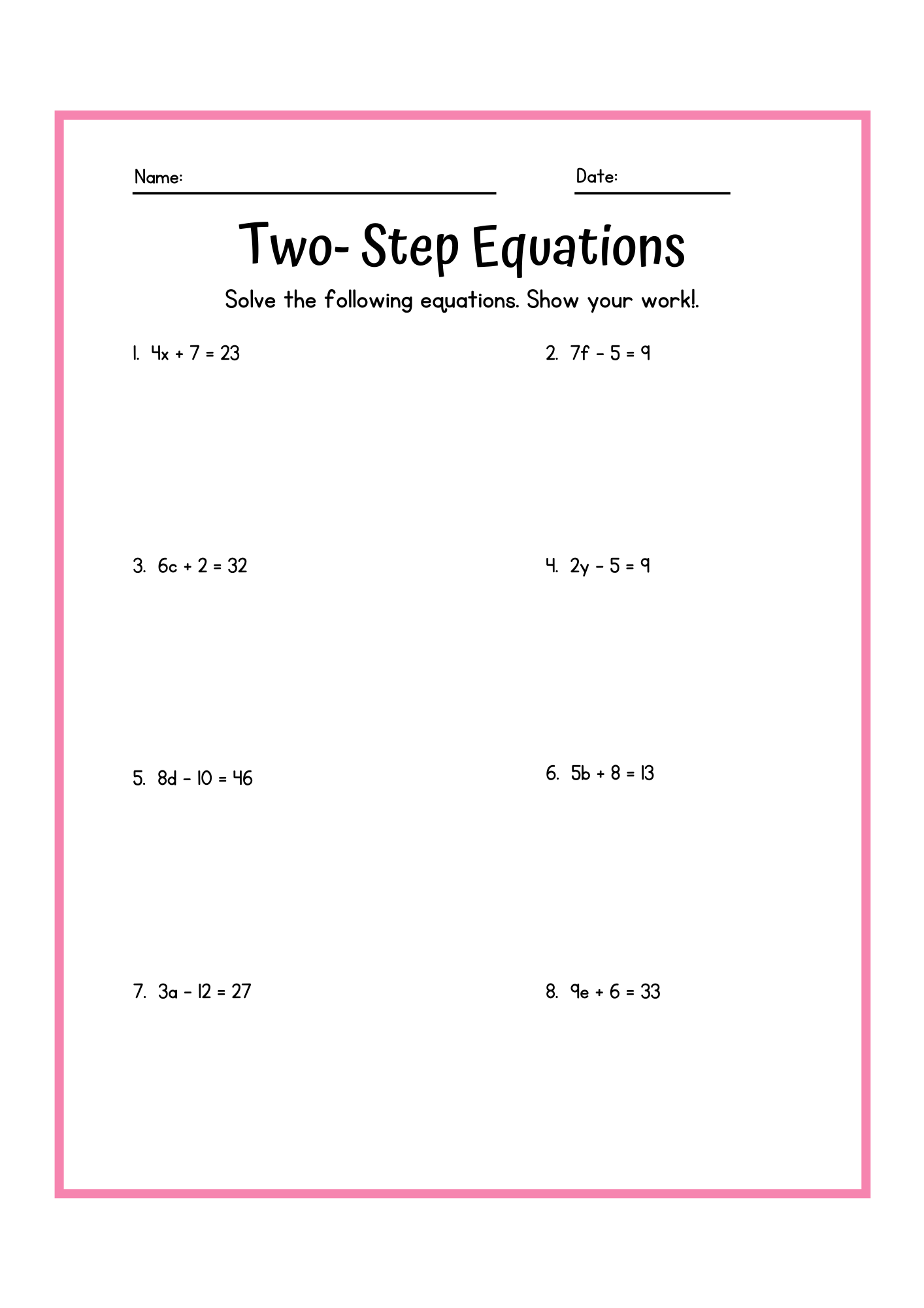 2 step equations worksheets