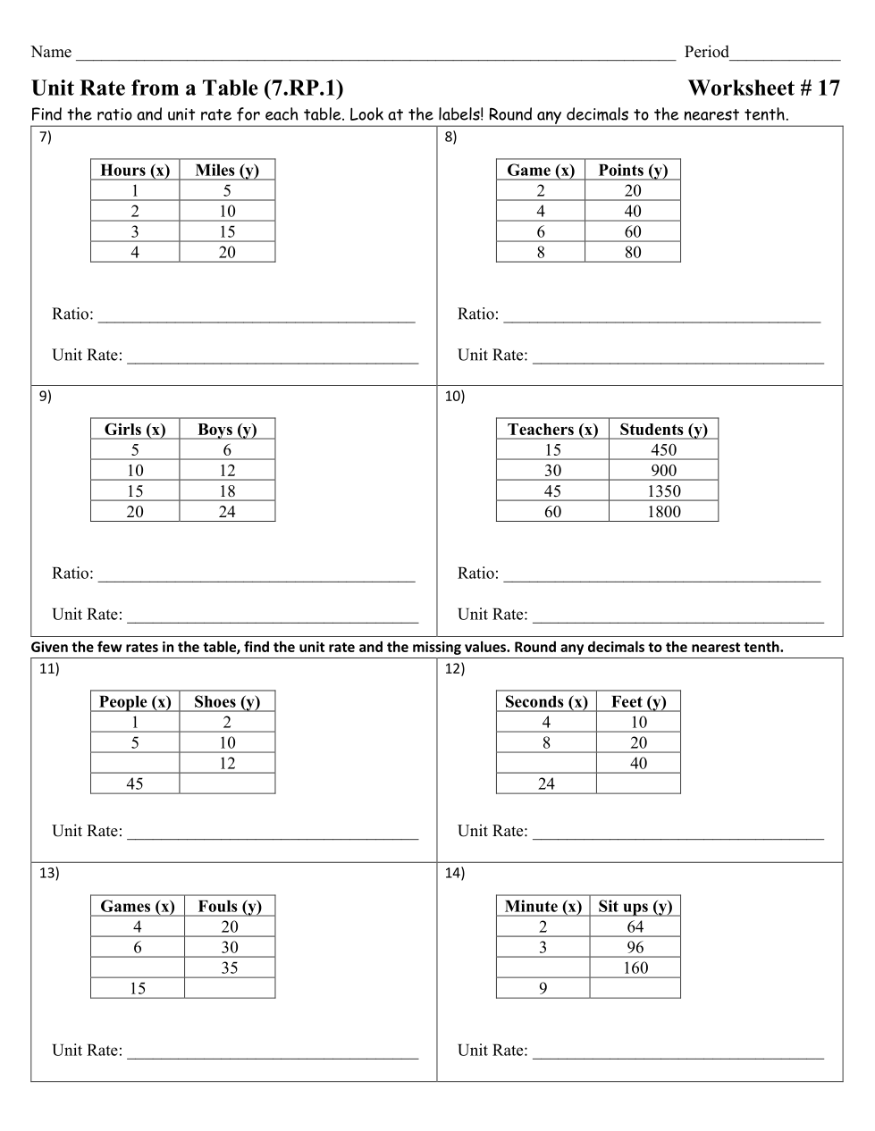 unit rate worksheet