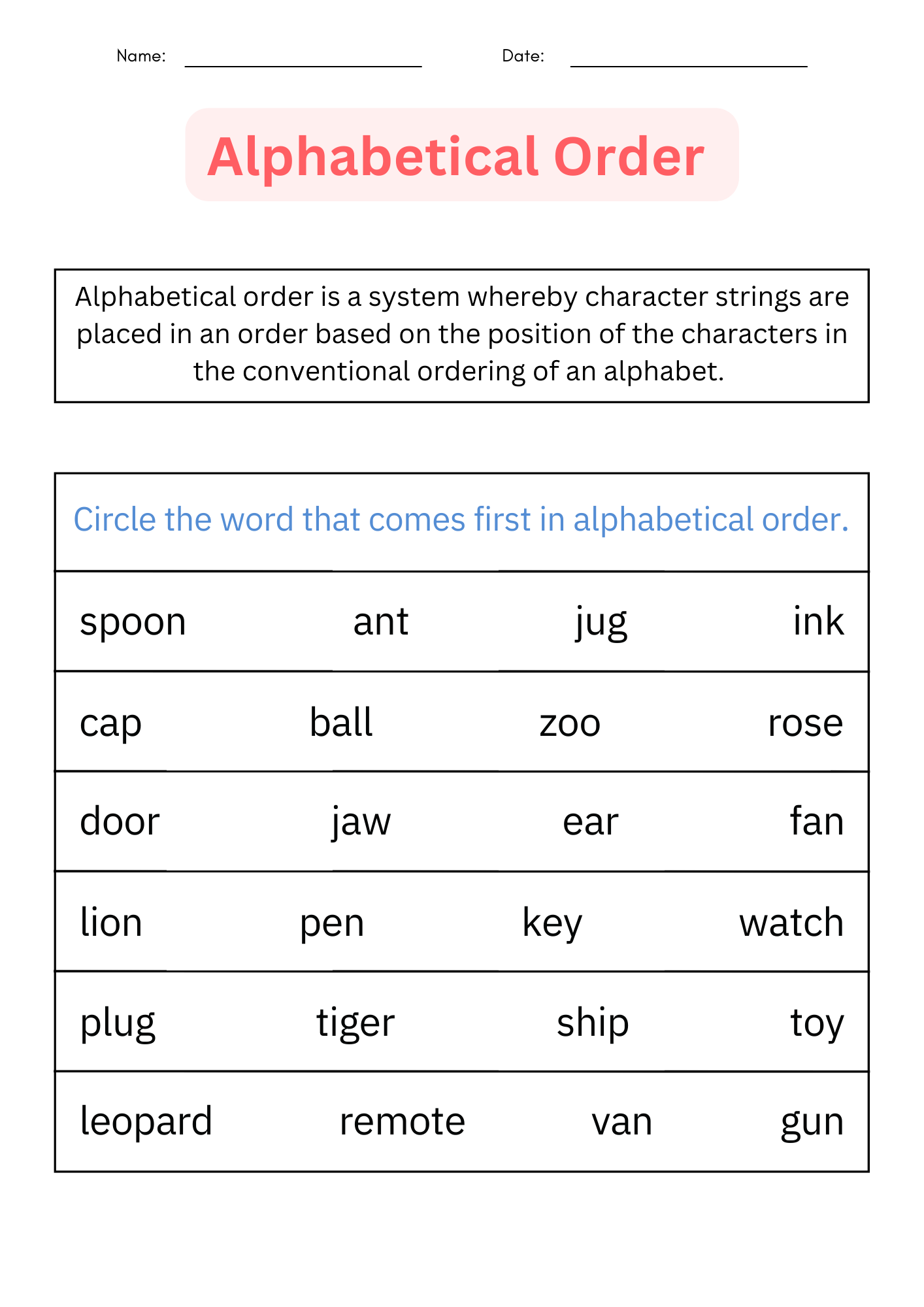 ABC Order Printable Alphabetical Order Worksheets For 1st L 2nd L 3rd Made By Teachers