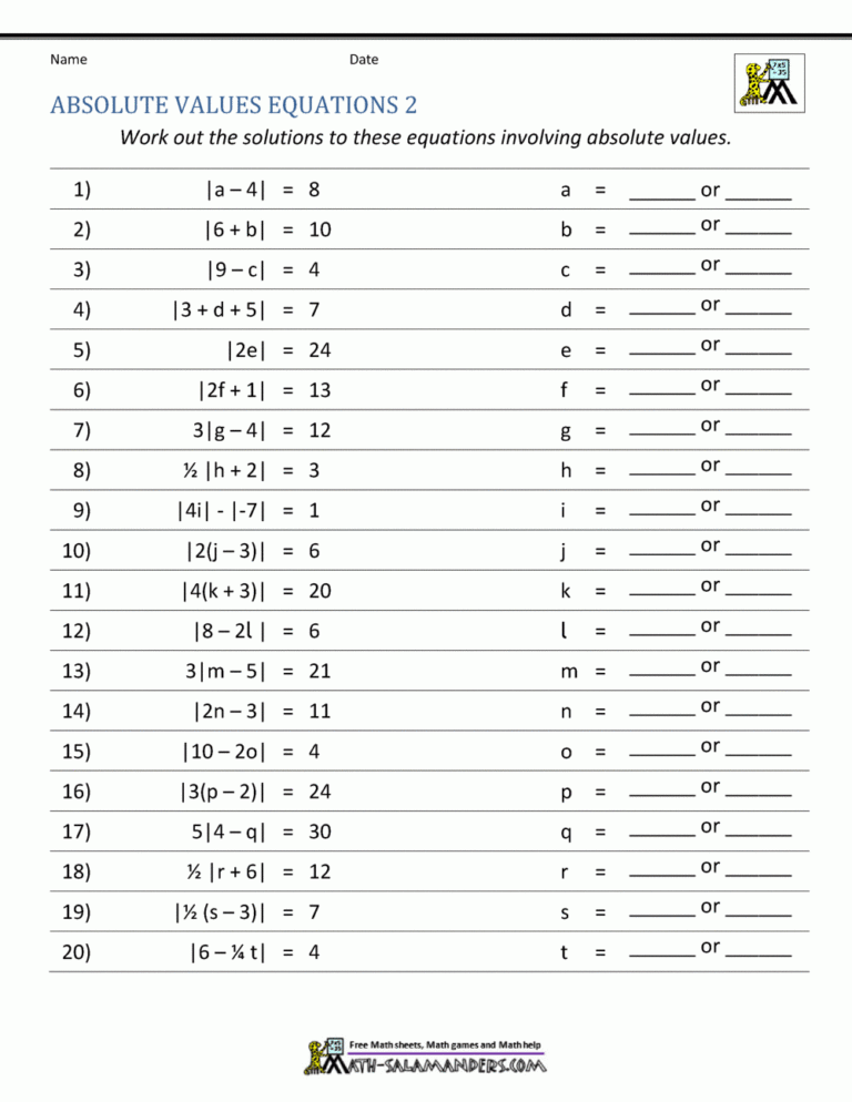 Absolute Value Worksheets