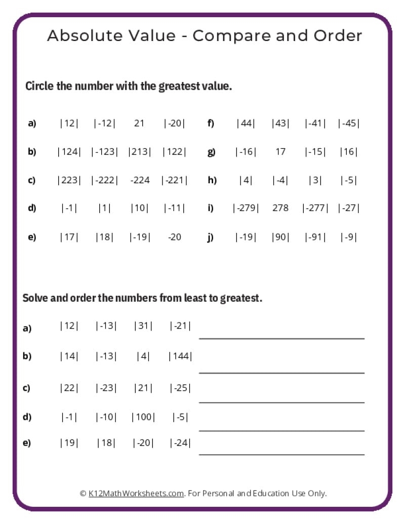 Absolute Value Worksheets Absolute Value Worksheets