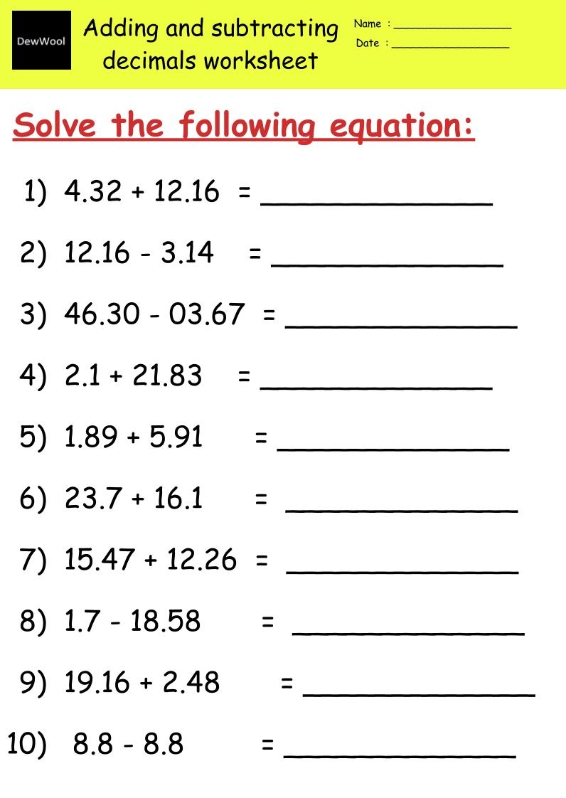adding subtracting decimals worksheet