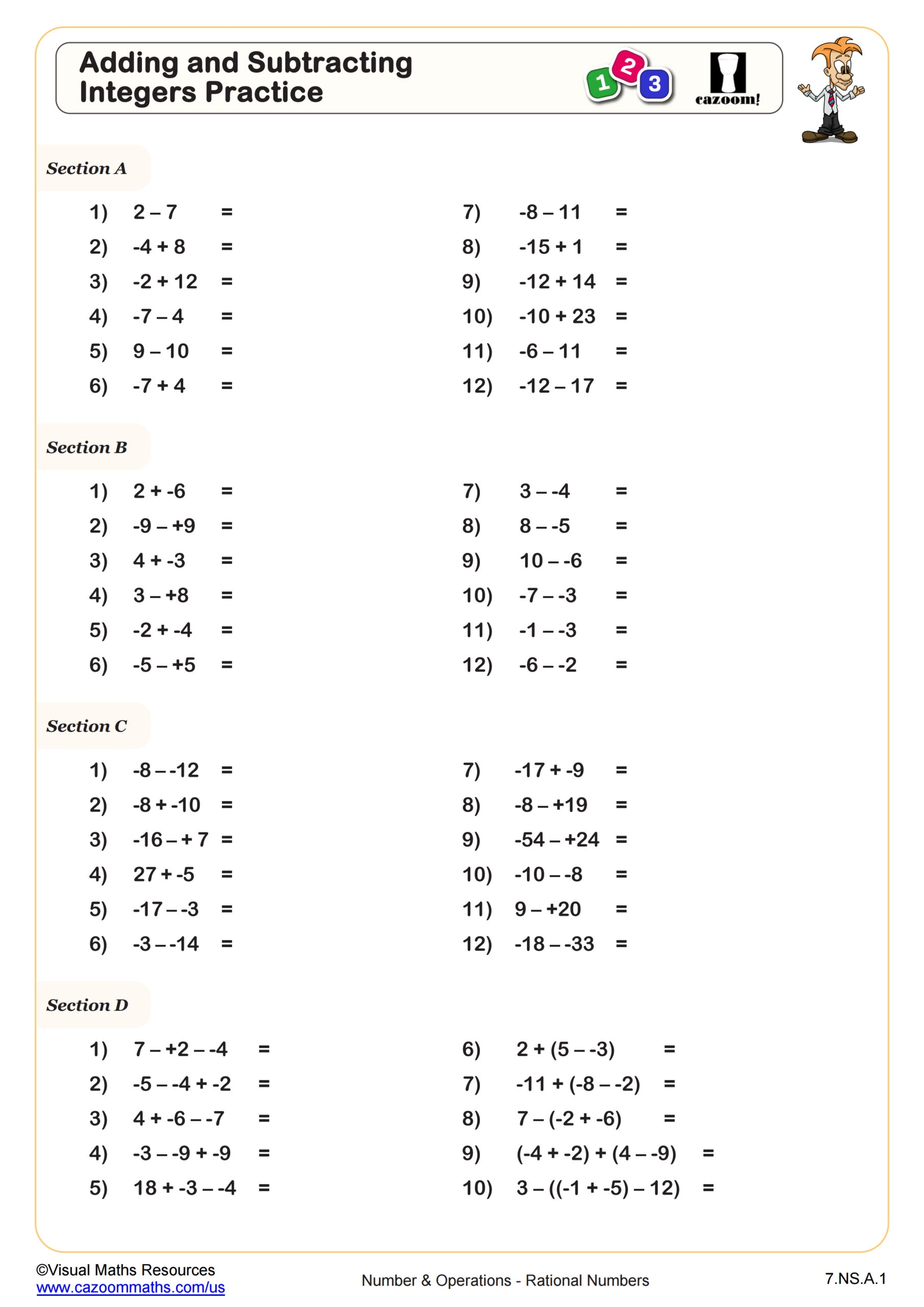 Adding And Subtracting Integers Practice Worksheet 7th Grade PDF Worksheets Cazoom Math