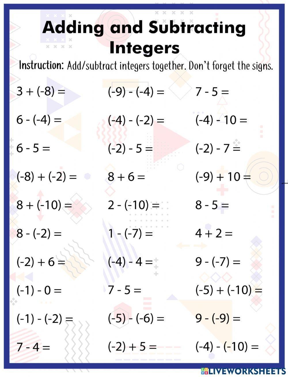 Adding And Subtracting Integers Worksheet Math Printables Worksheets Library
