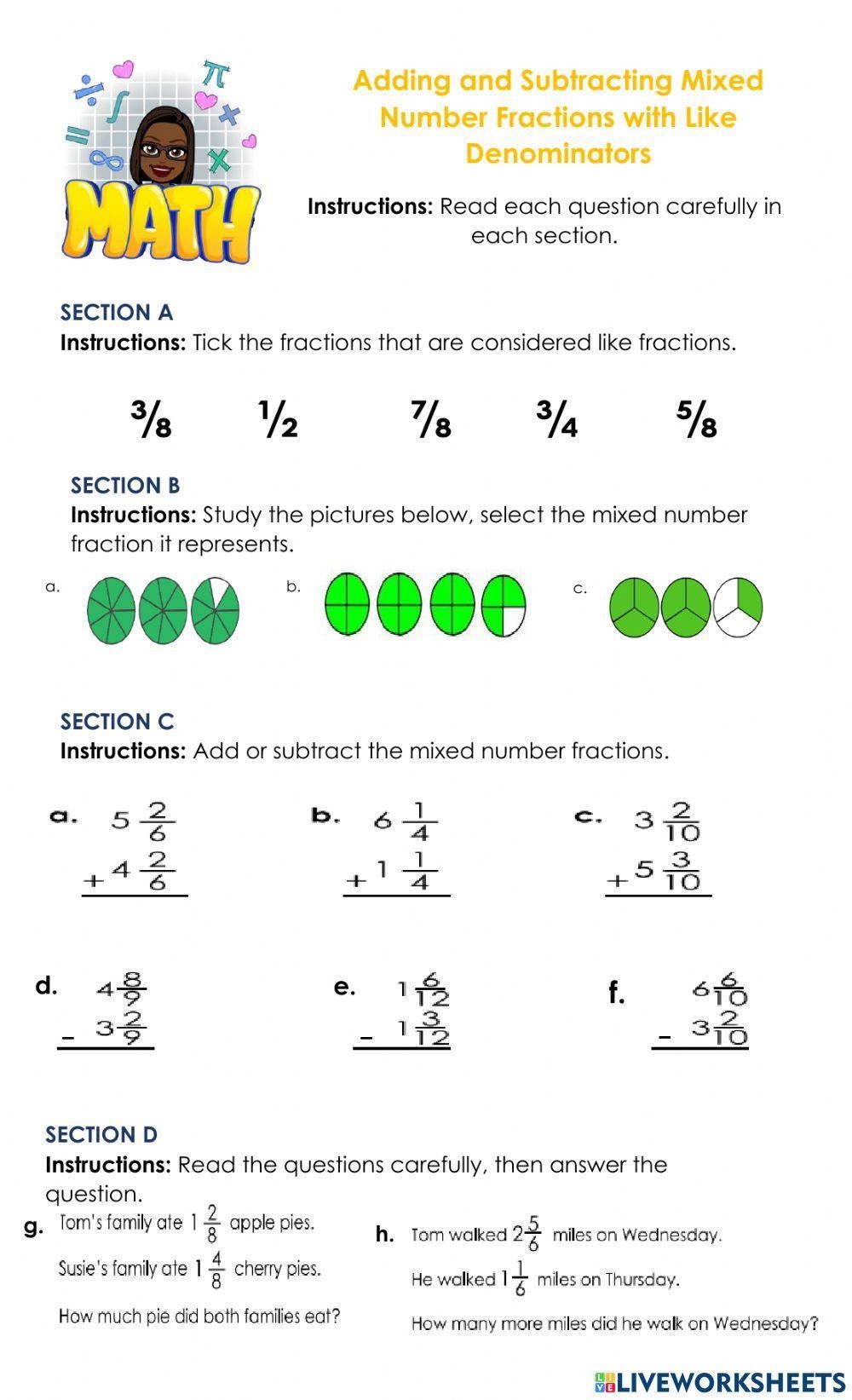 Adding And Subtracting Mixed Number Fractions With Like Worksheets Library