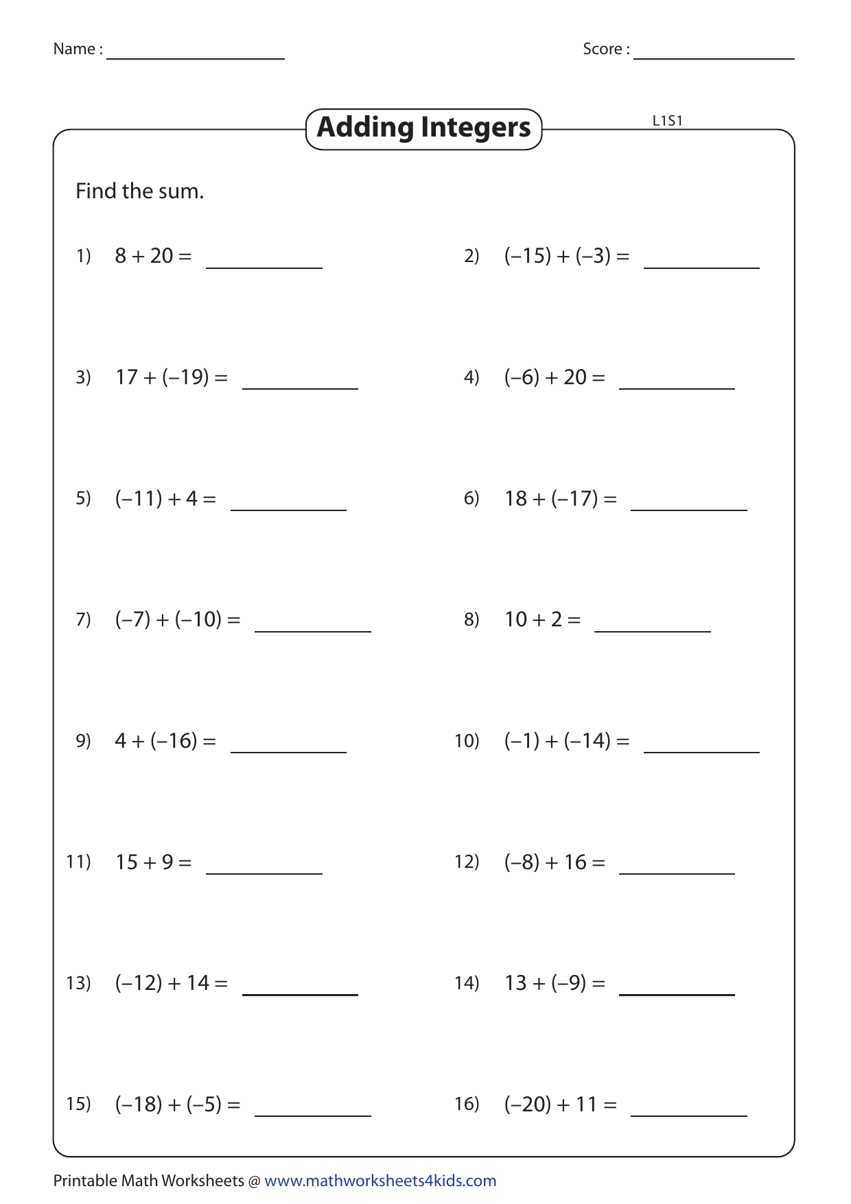 Adding Integers Worksheet Math Practice Adding Integers Worksheet Math Practice