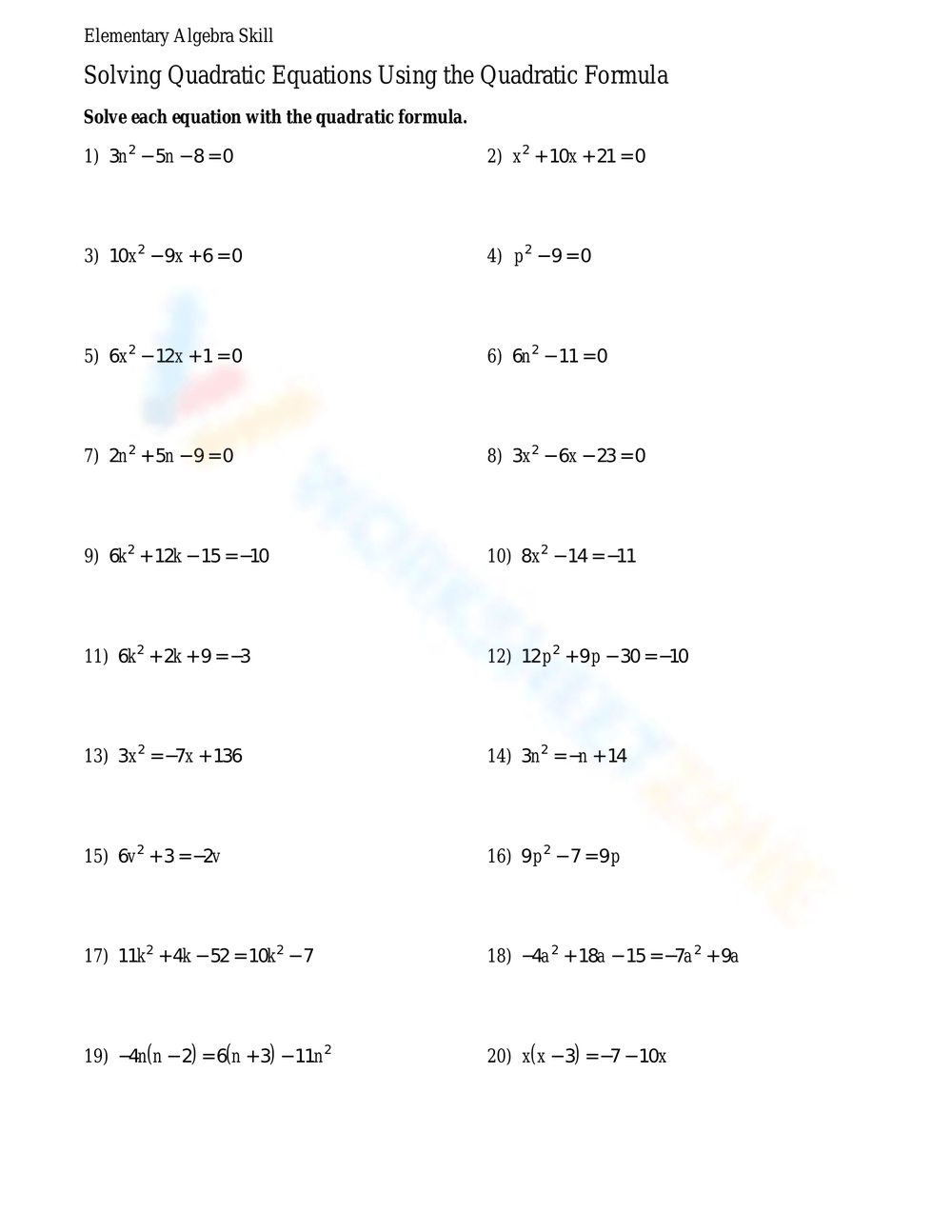 Algebra I Solving Equations With The Quadratic Formula Practice Worksheets Library