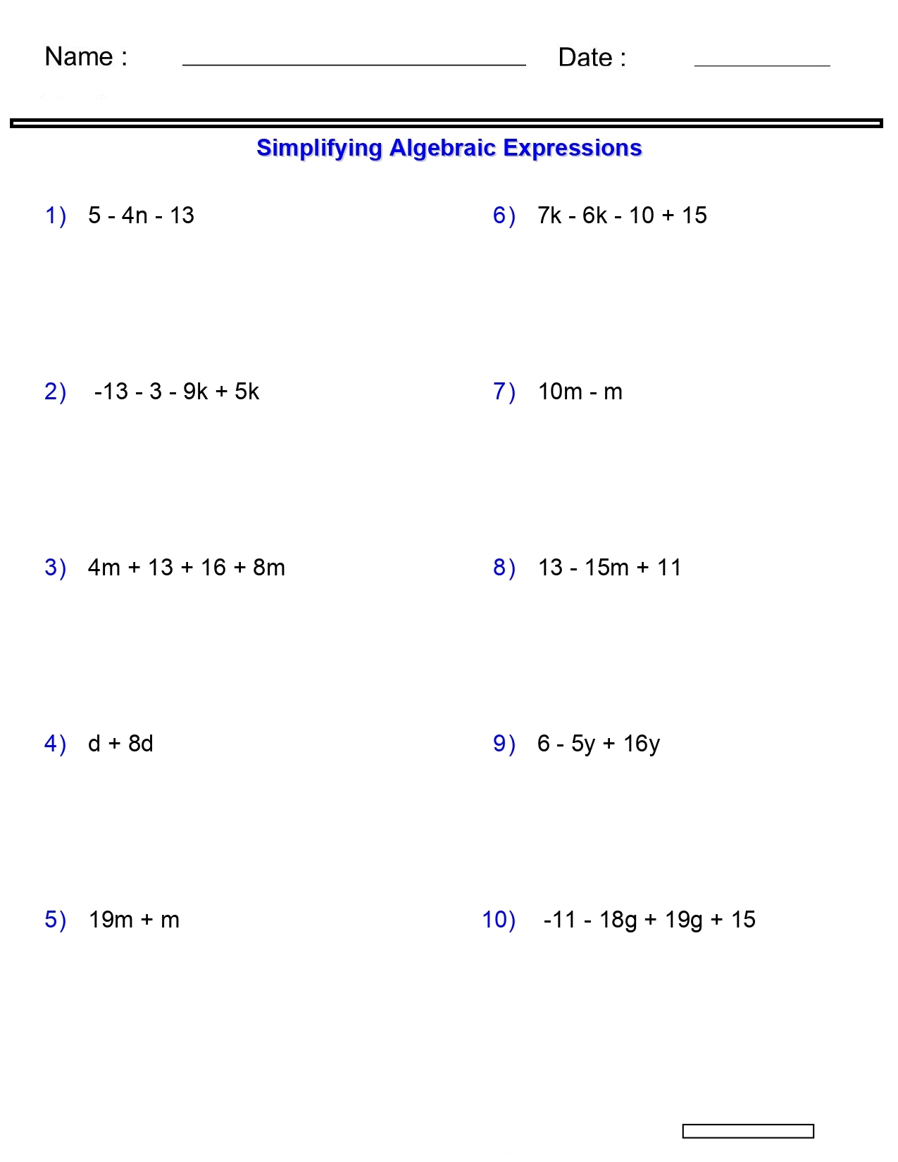 Algebraic Expressions Worksheets Simplifying Variables Worksheets 2 3 4Terms Made By Teachers