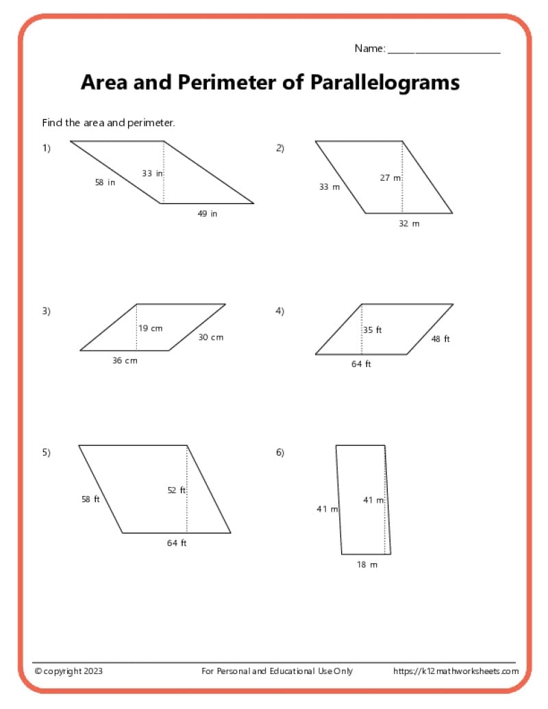 Area And Perimeter Of Parallelograms K12 Math Worksheets Area And Perimeter Of Parallelograms K12 Math Worksheets