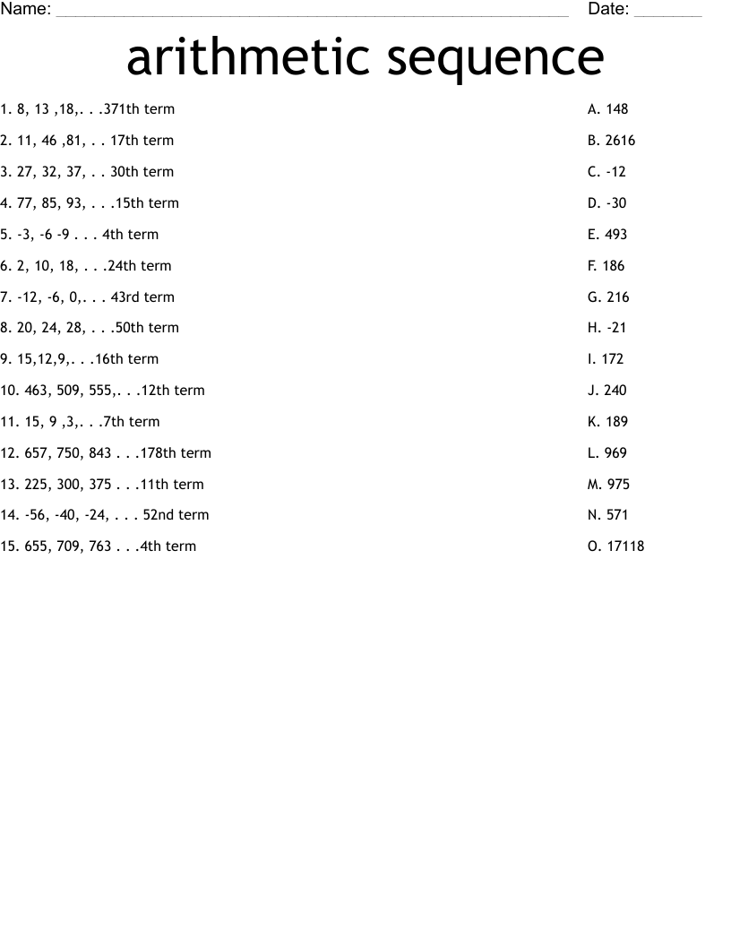 Arithmetic Sequence Worksheet WordMint