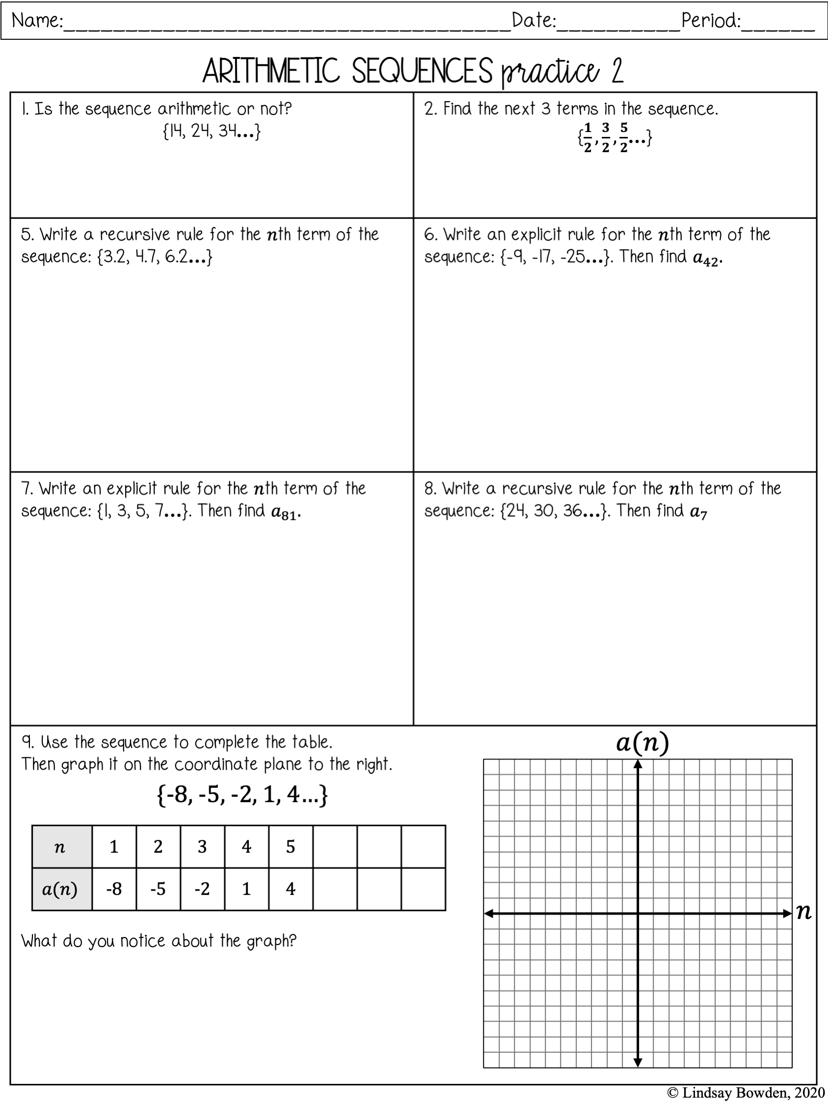 arithmetic sequence worksheet